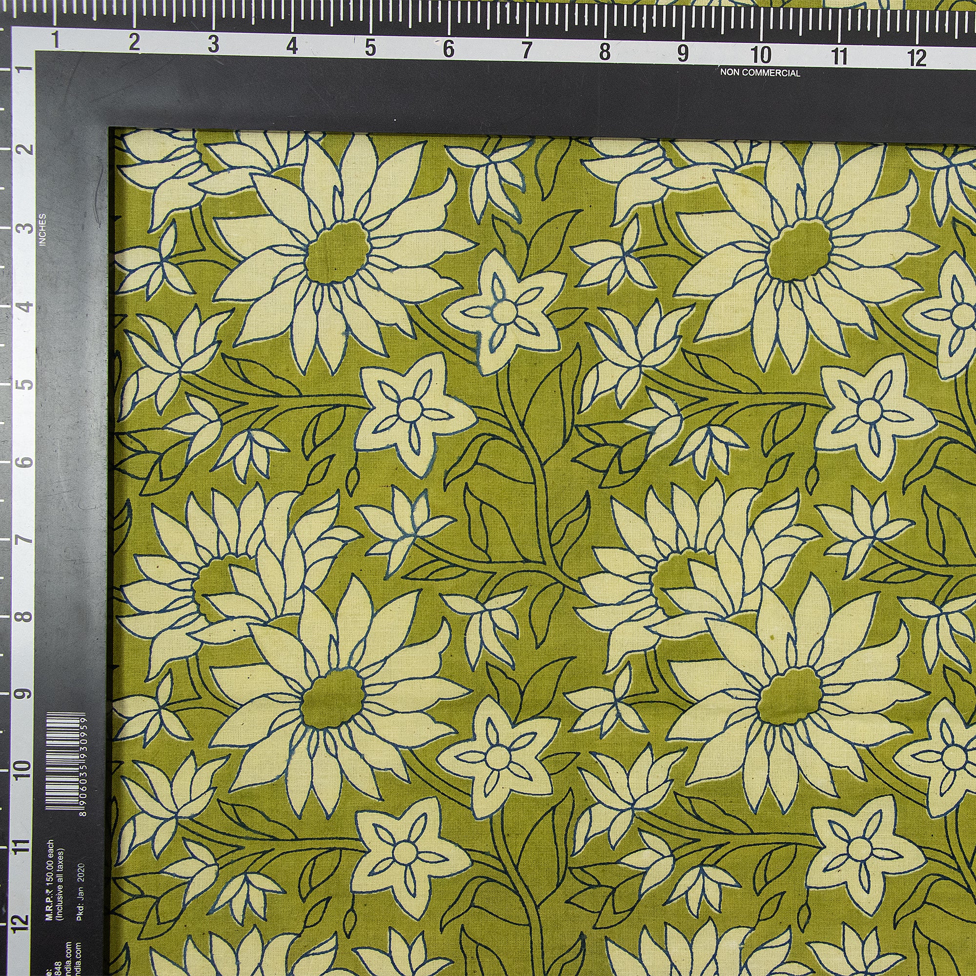Green Floral Cotton Dabu Hand Block Print Fabric