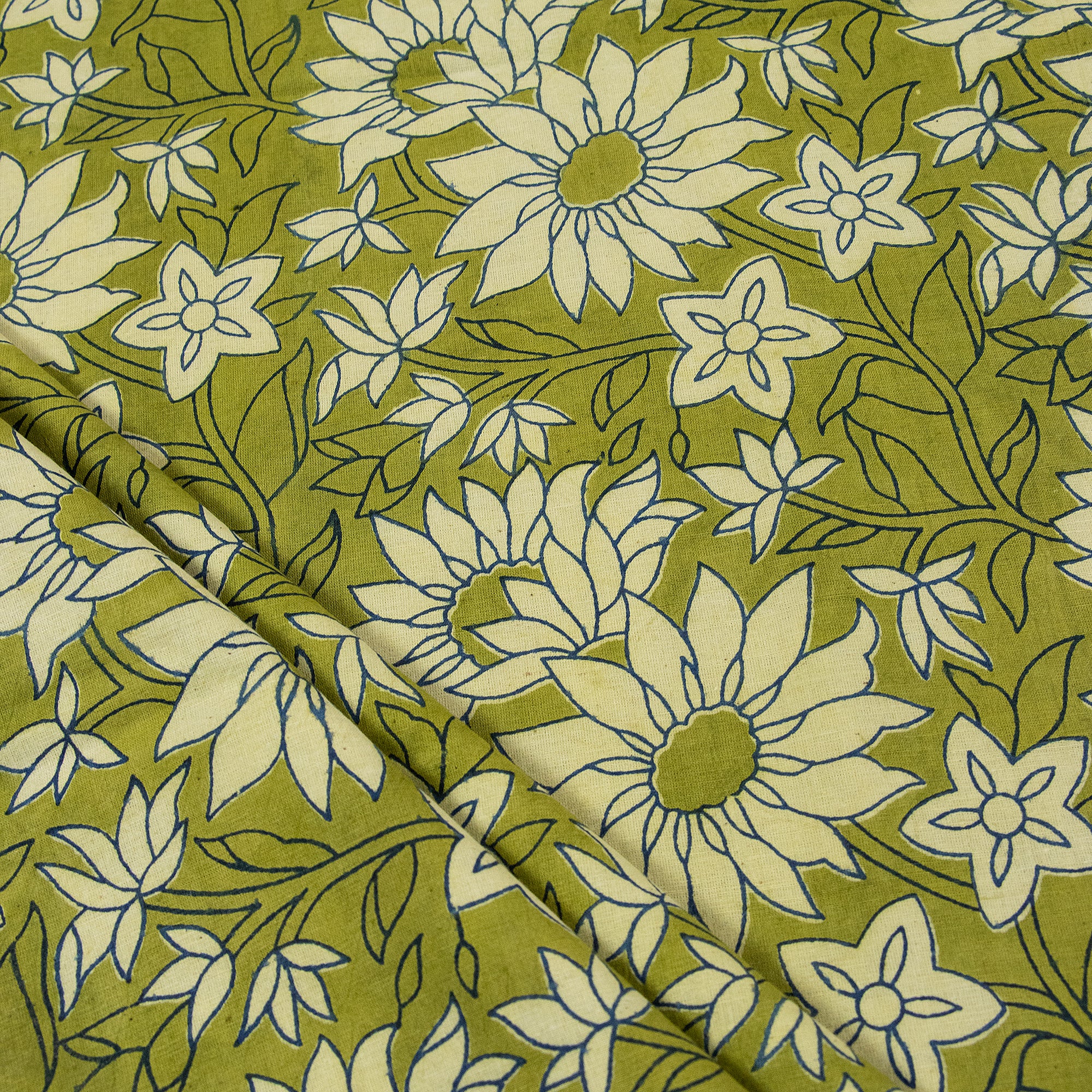 Green Floral Cotton Dabu Hand Block Print Fabric
