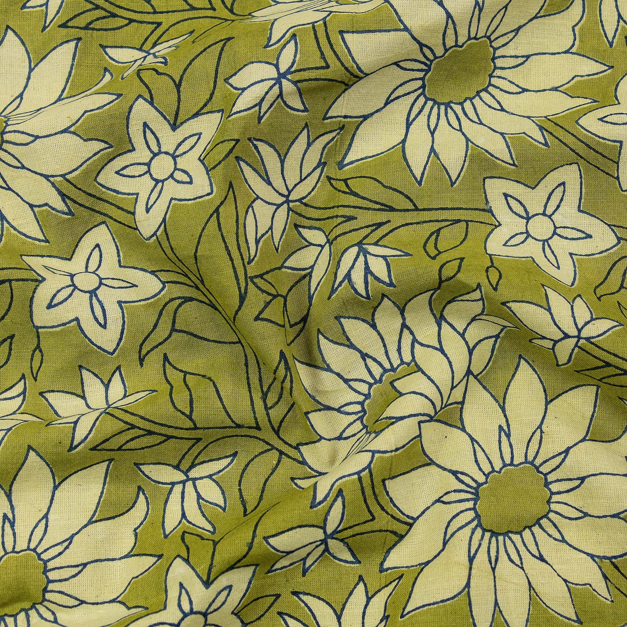 Green Floral Cotton Dabu Hand Block Print Fabric