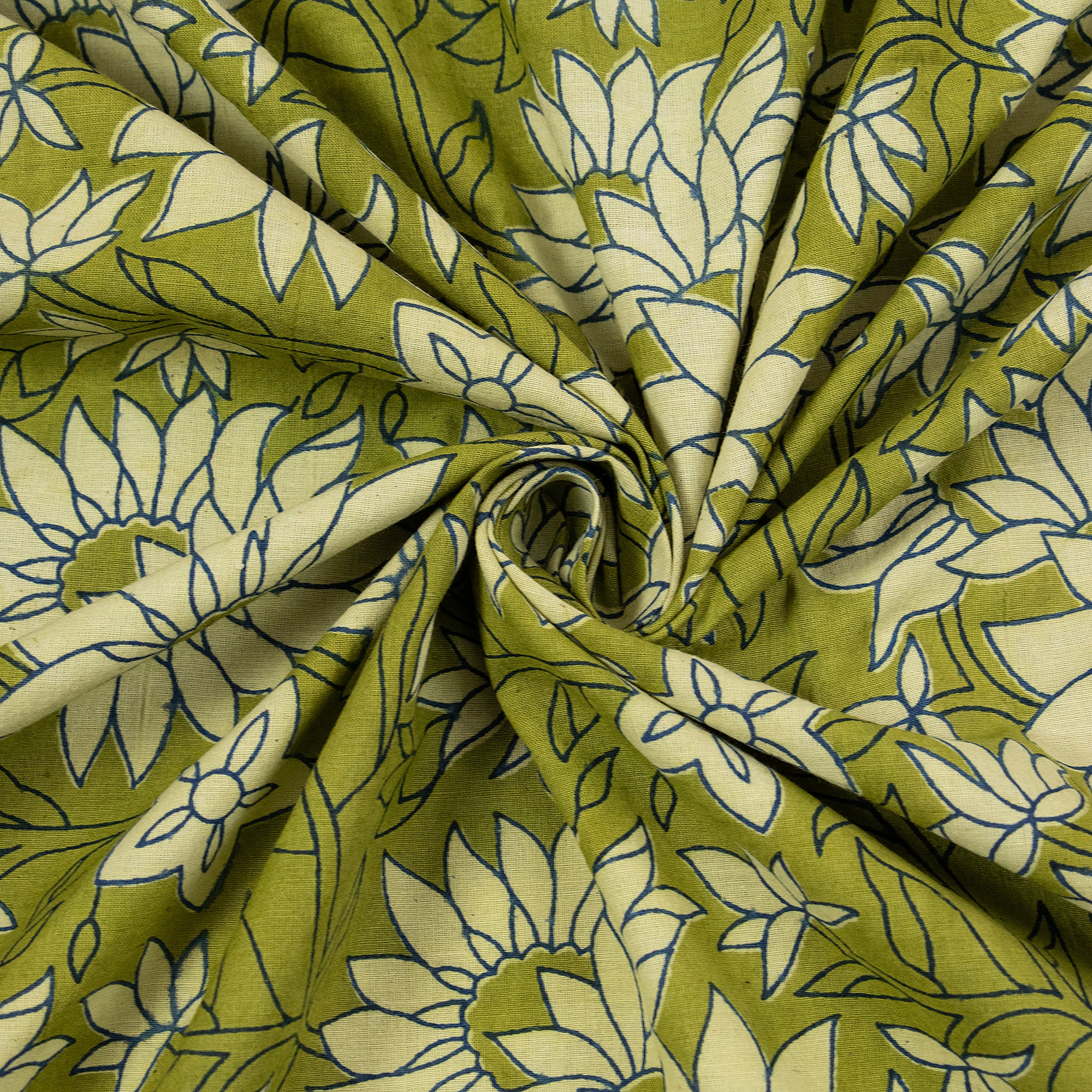 Green Floral Cotton Dabu Hand Block Print Fabric