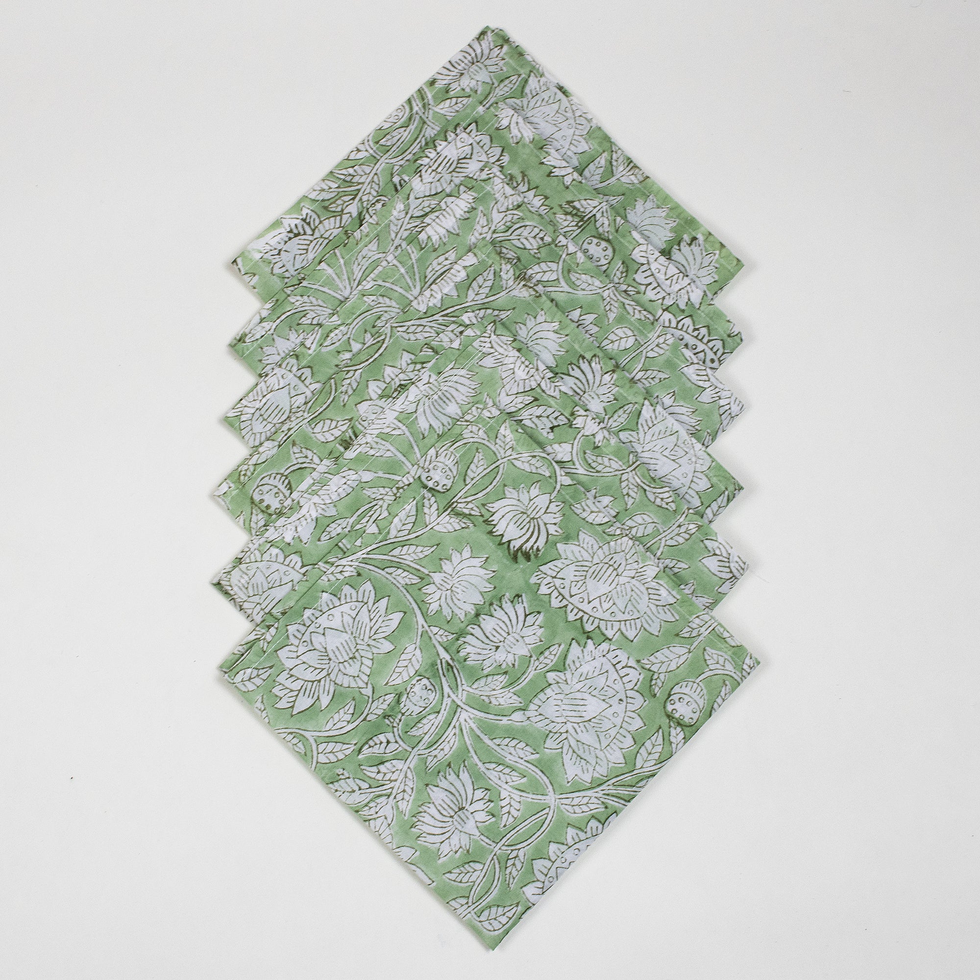 Green Floral Hand Block Printed Cotton Reusable