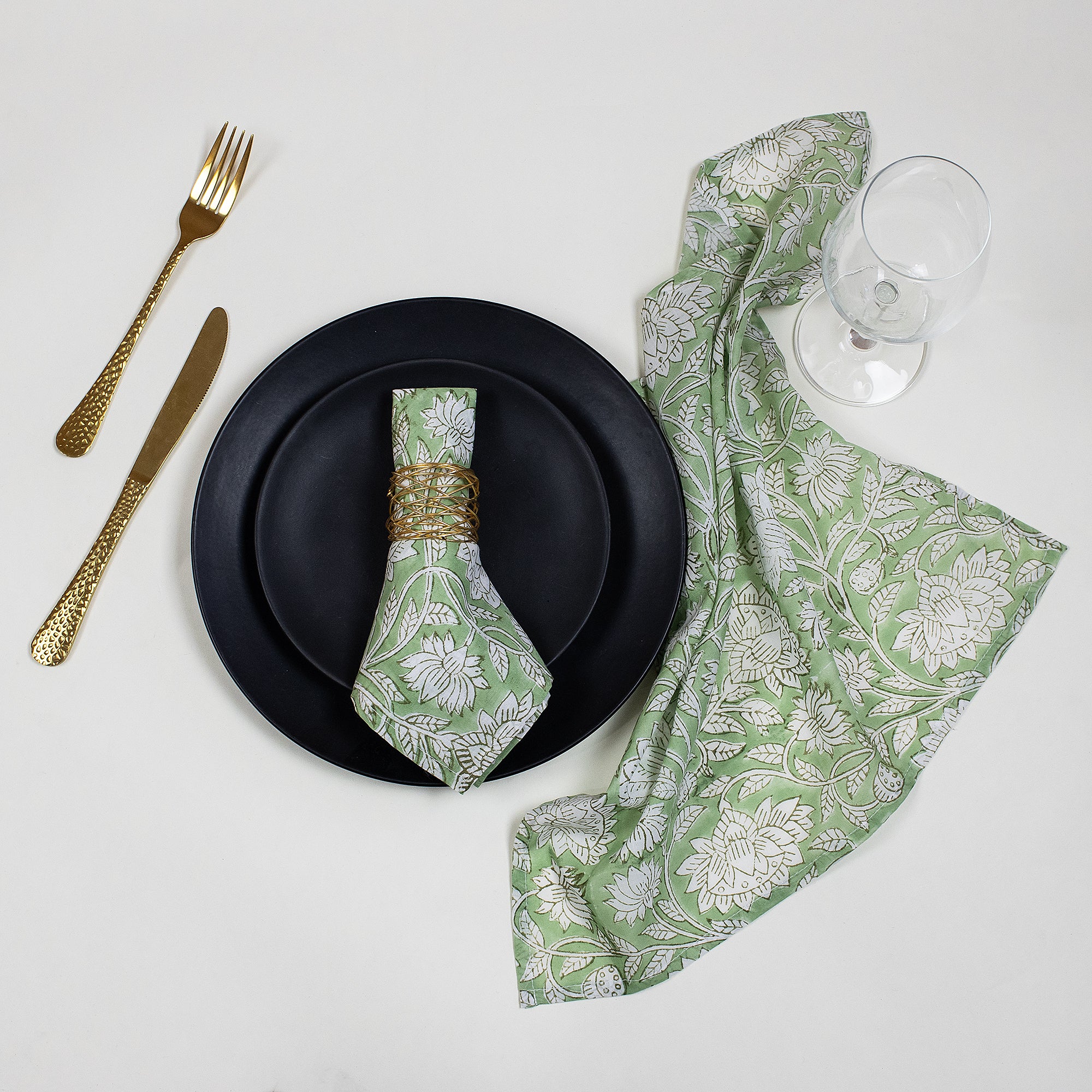 Green Floral Hand Block Printed Cotton Reusable