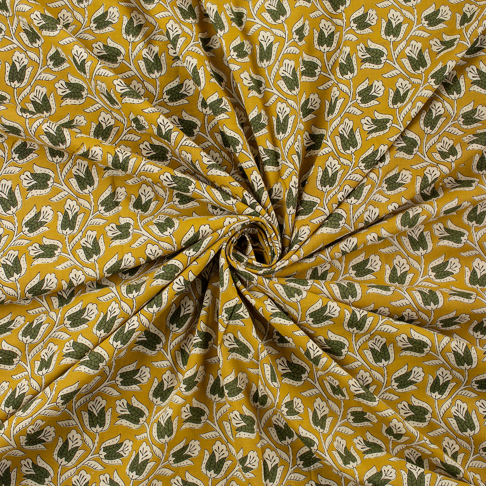 Green Floral Hand Block Printed Fabric