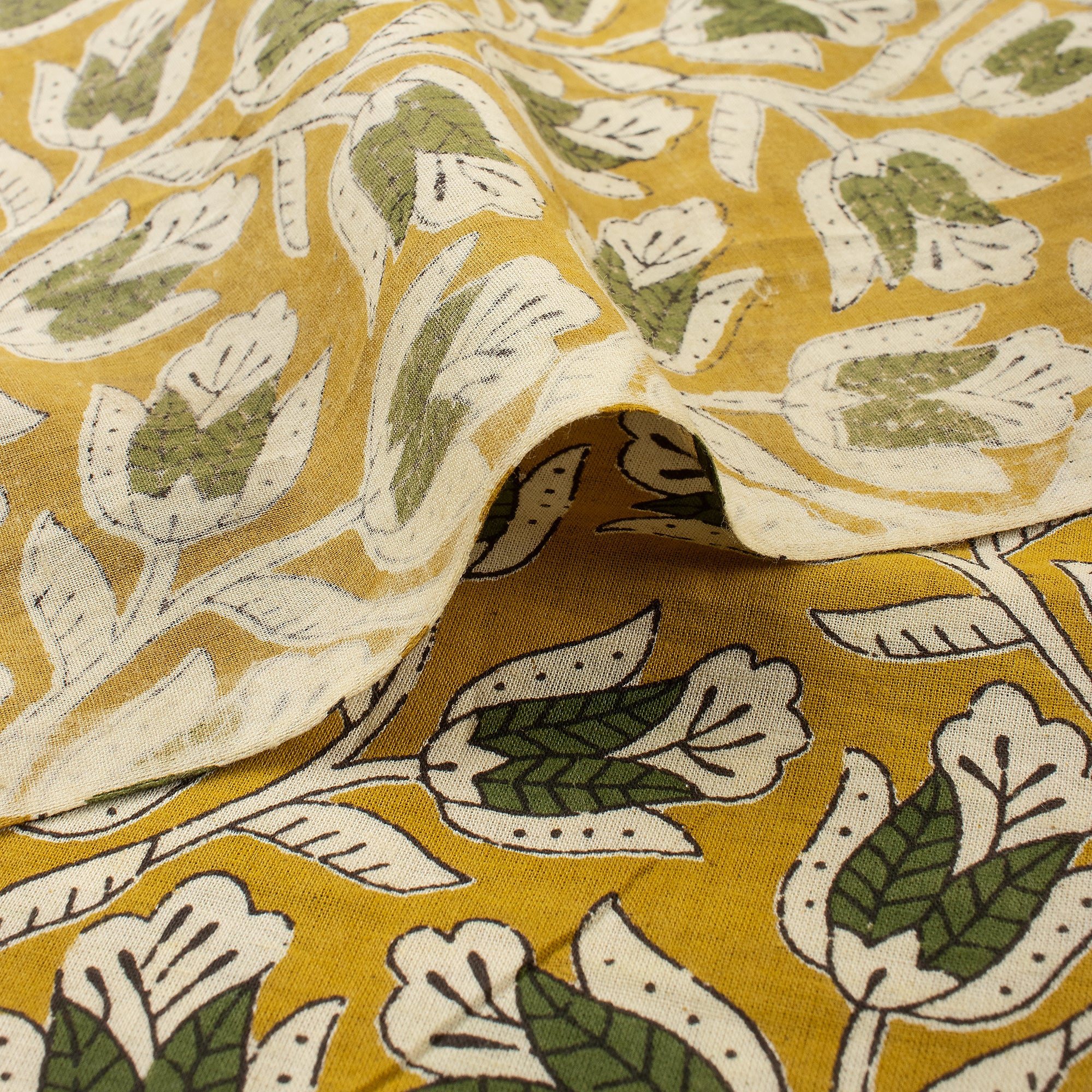 Green Floral Hand Block Printed Fabric