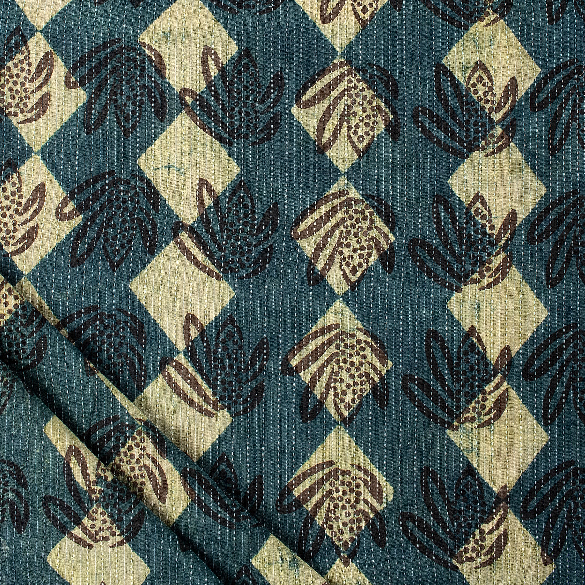 Green Hand Block Printed Cotton Kantha Fabric by Yard