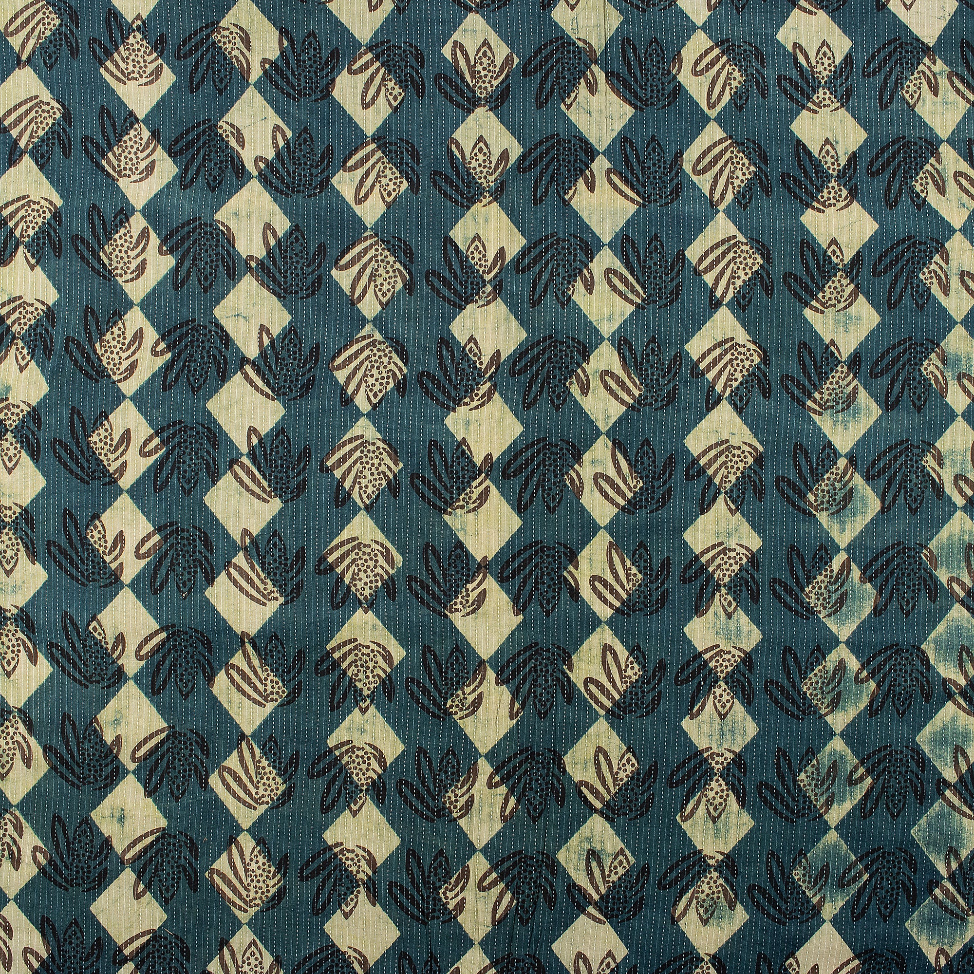 Green Hand Block Printed Cotton Kantha Fabric by Yard