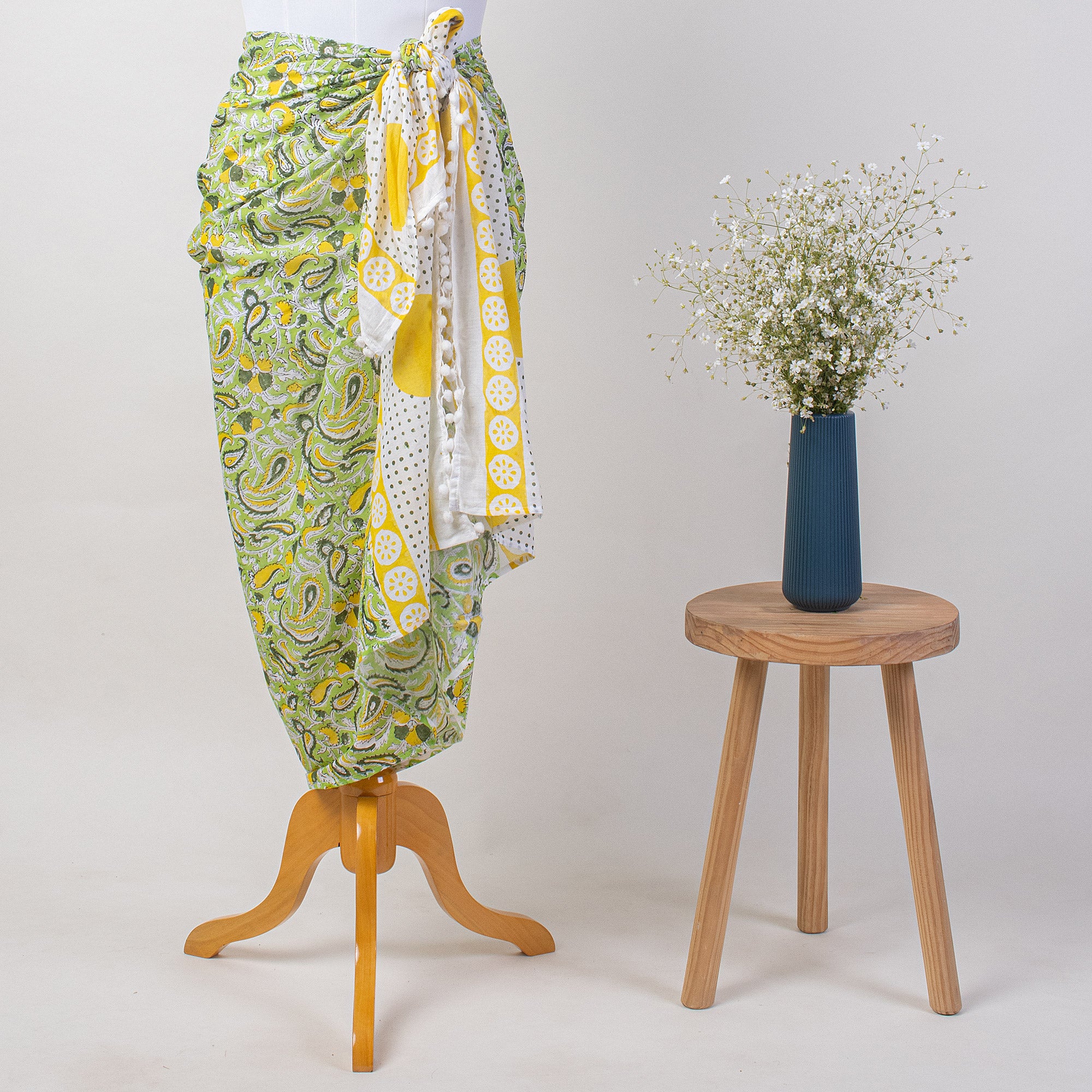 Green Leaf Hand Block Print Cotton Beach Sarong Wrap