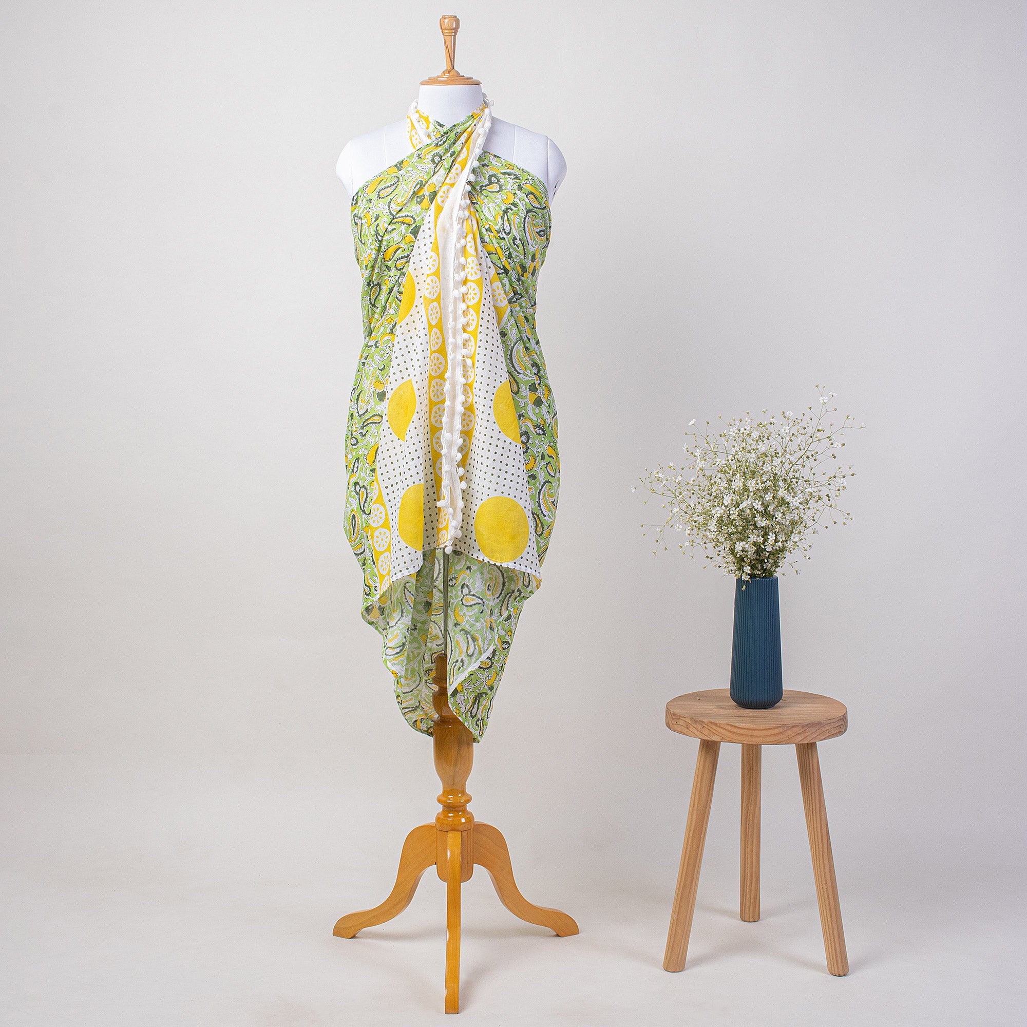 Green Leaf Hand Block Print Cotton Beach Sarong Wrap