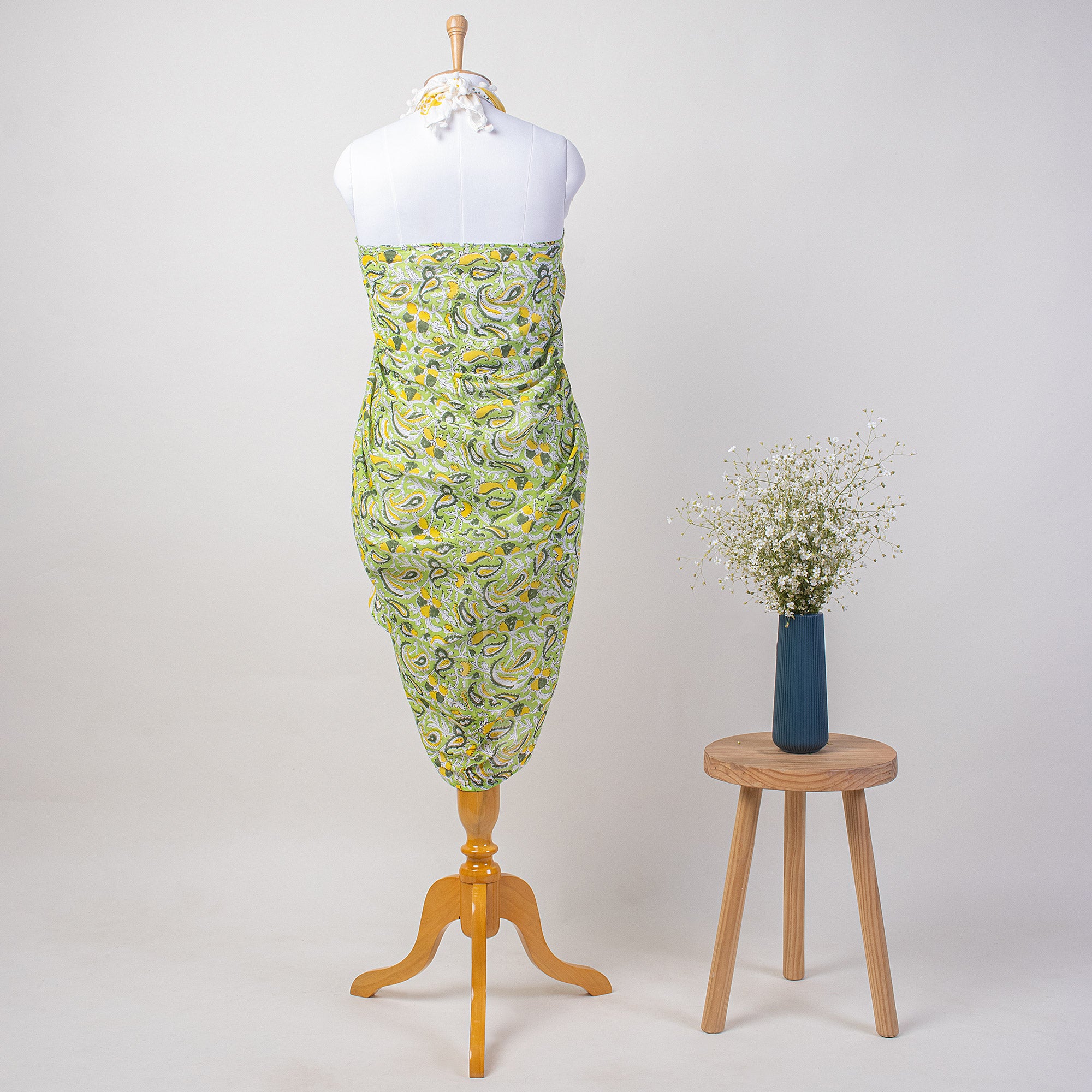 Green Leaf Hand Block Print Cotton Beach Sarong Wrap