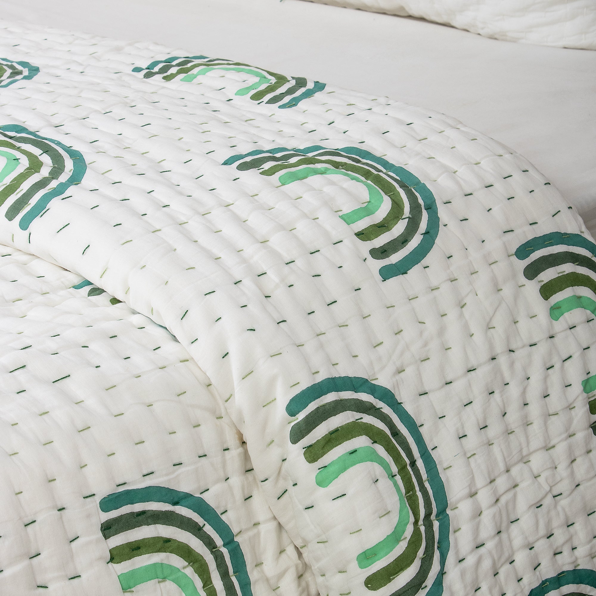 Green Rainboe Hand Block Print Cotton Kantha Quilt Blanket
