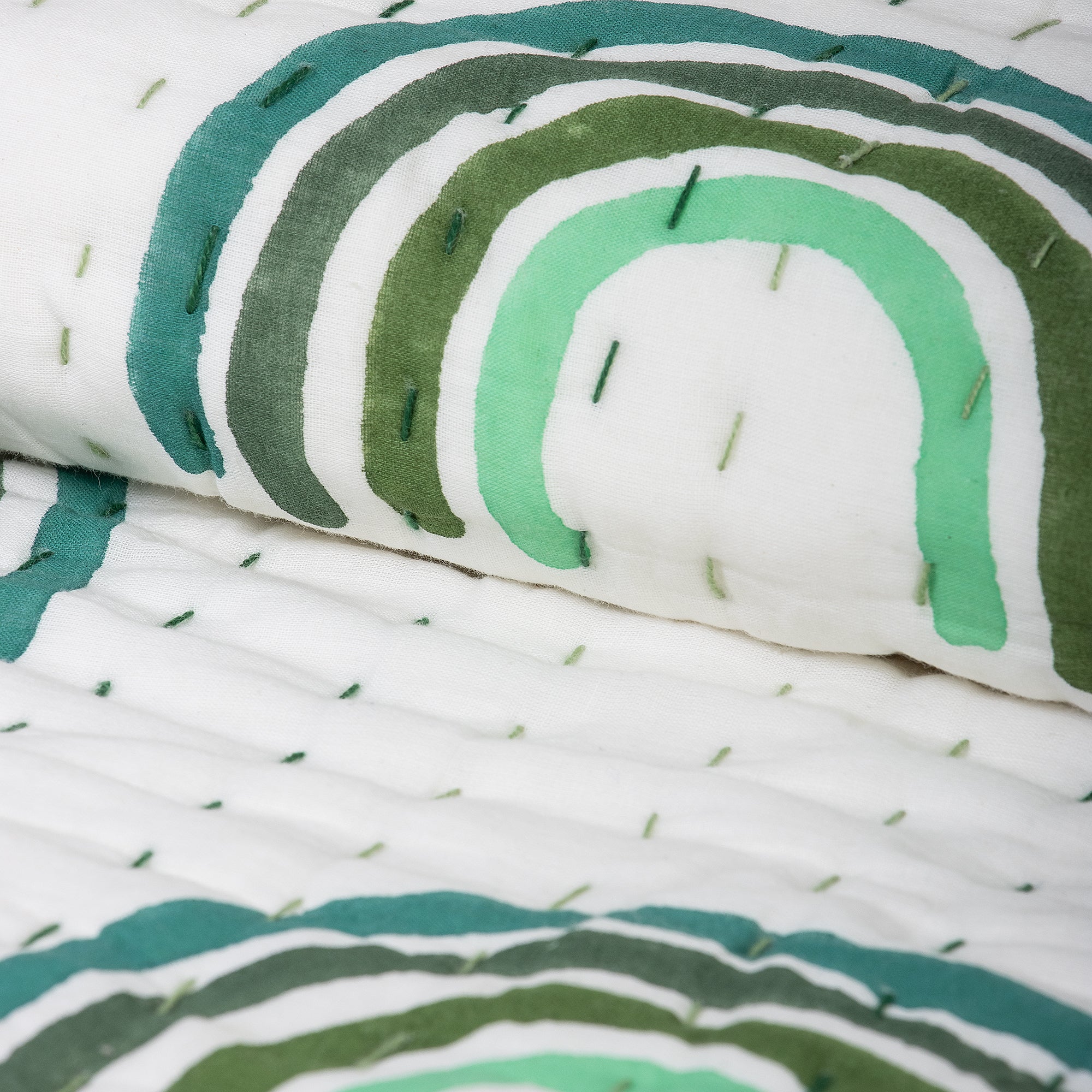 Green Rainboe Hand Block Print Cotton Kantha Quilt Blanket
