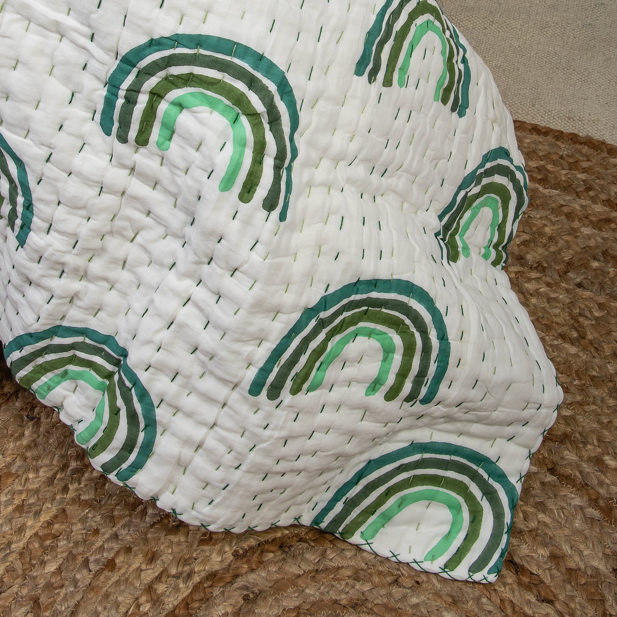 Green Rainboe Hand Block Print Cotton Kantha Quilt Blanket