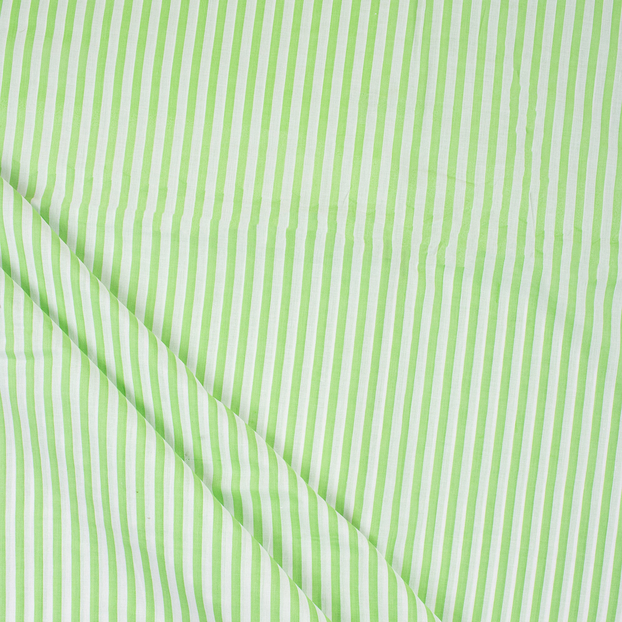 Green Striped Block Printed Fabric For Dress Material