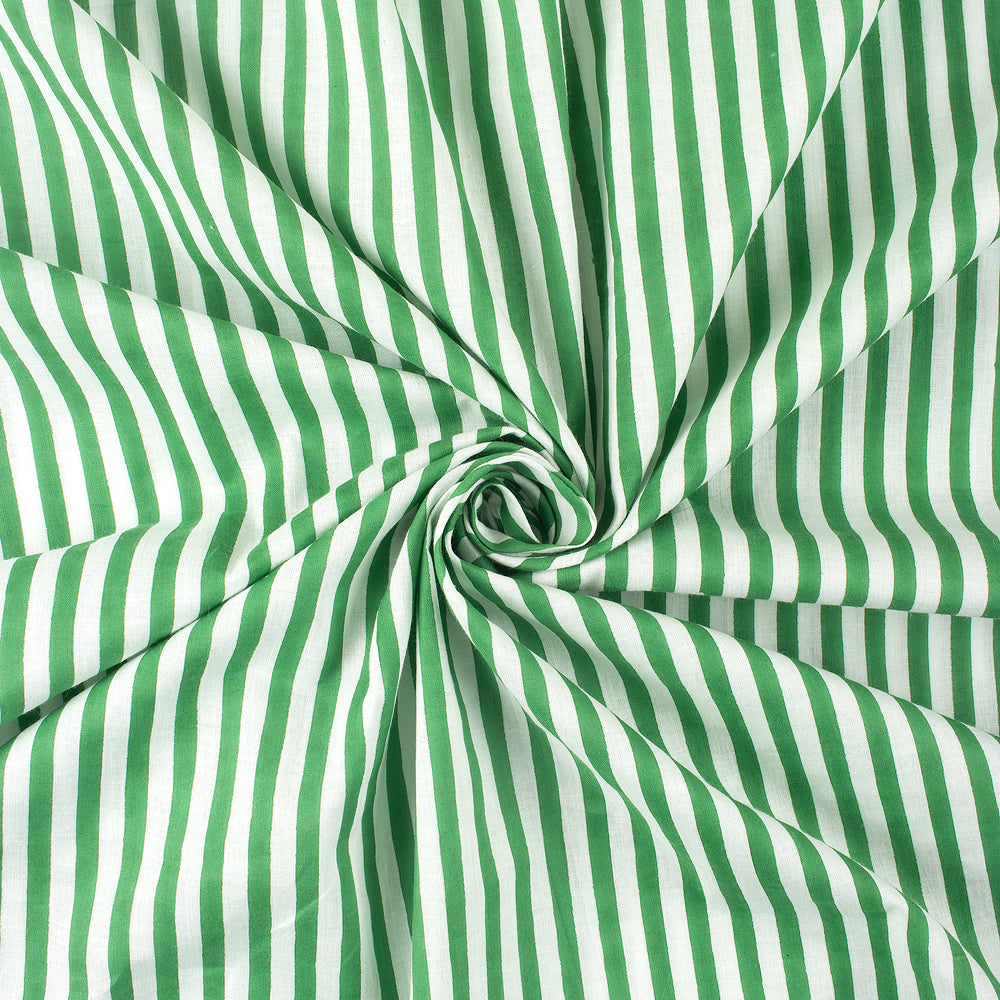 Green Striped Hand Block Print Cotton Fabric