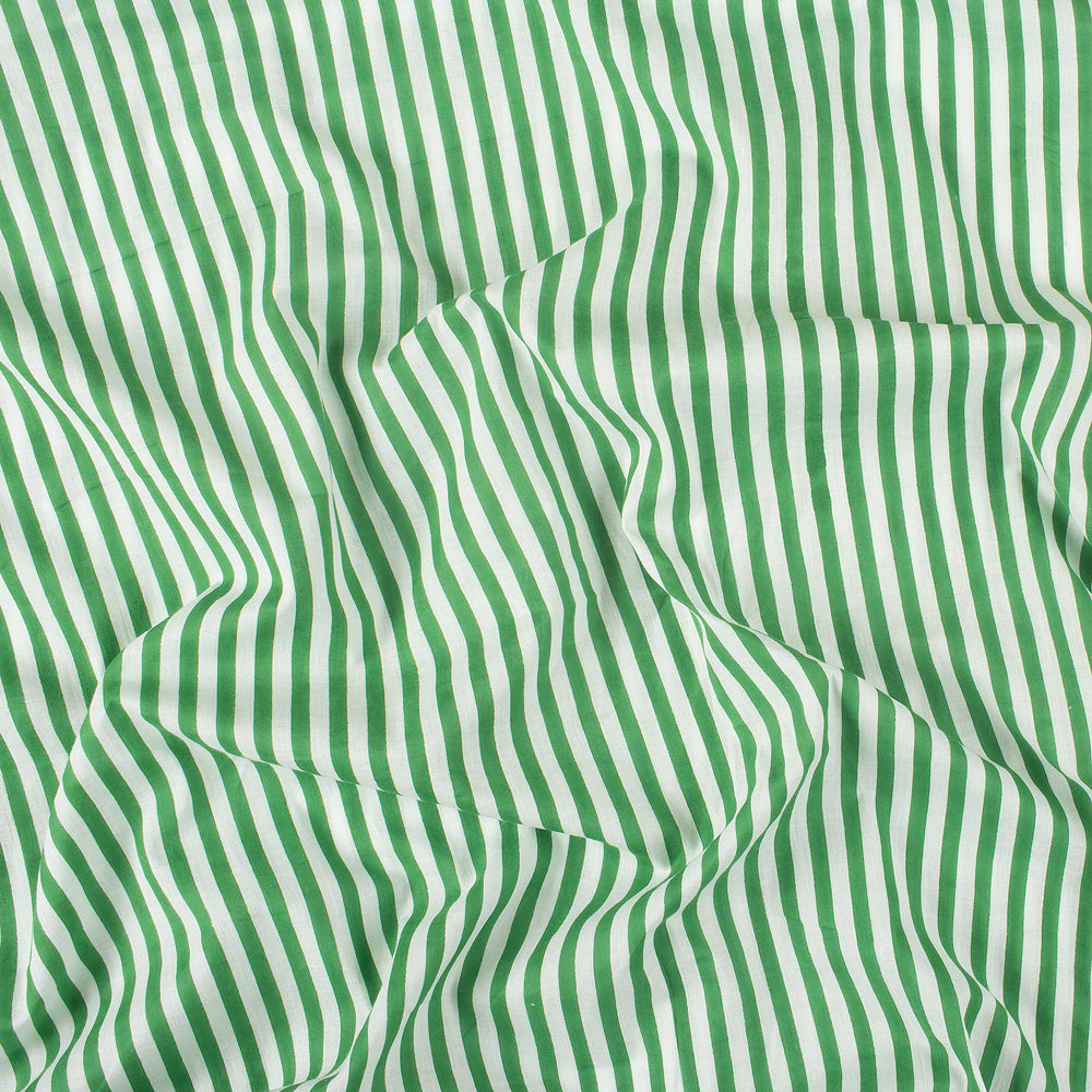 Green Striped Hand Block Print Cotton Fabric