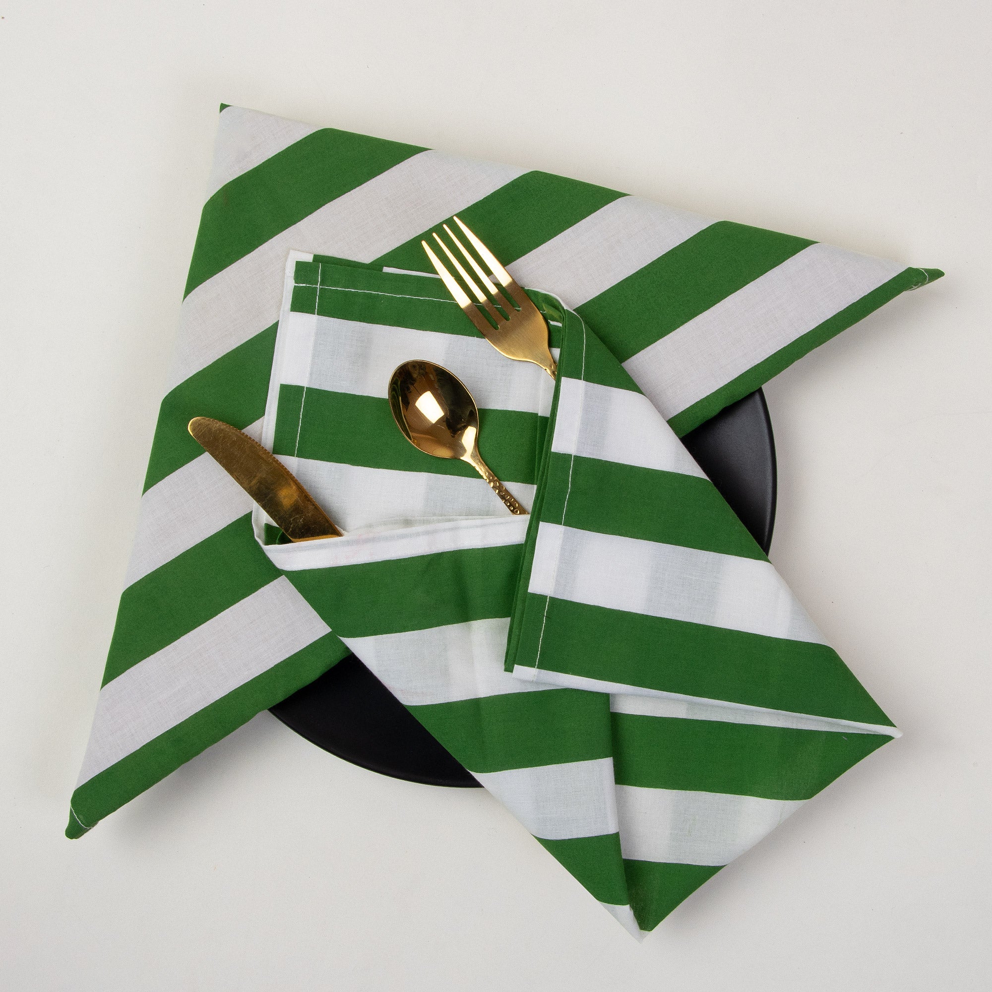 Green Striped Hand Block Printed Dinner Napkin Cloth Reusable