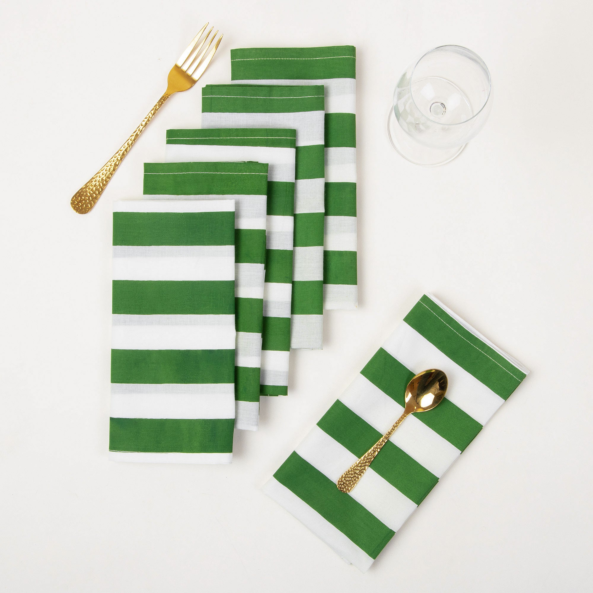 Green Striped Hand Block Printed Dinner Napkin Cloth Reusable