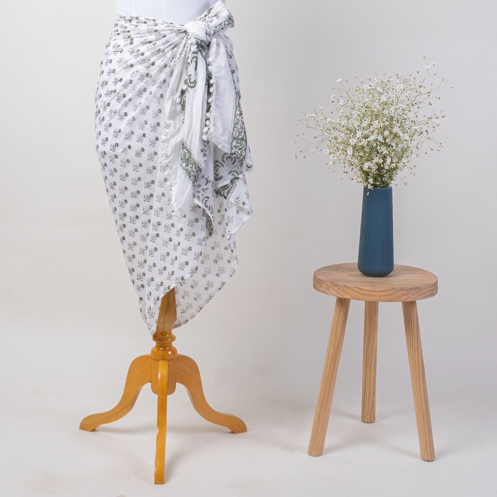 Grey Floral Printed Cotton Beach Sarong Wrap For Women