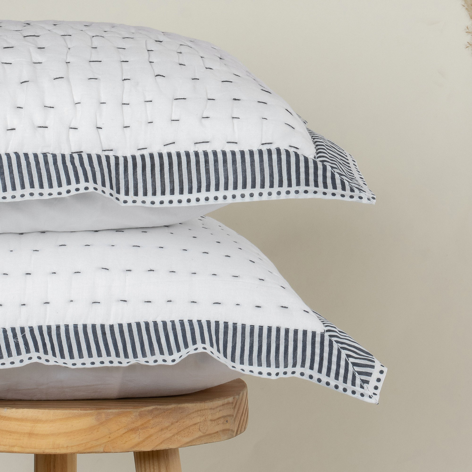 Grey Striped Soft Cotton Kantha Pillow Covers