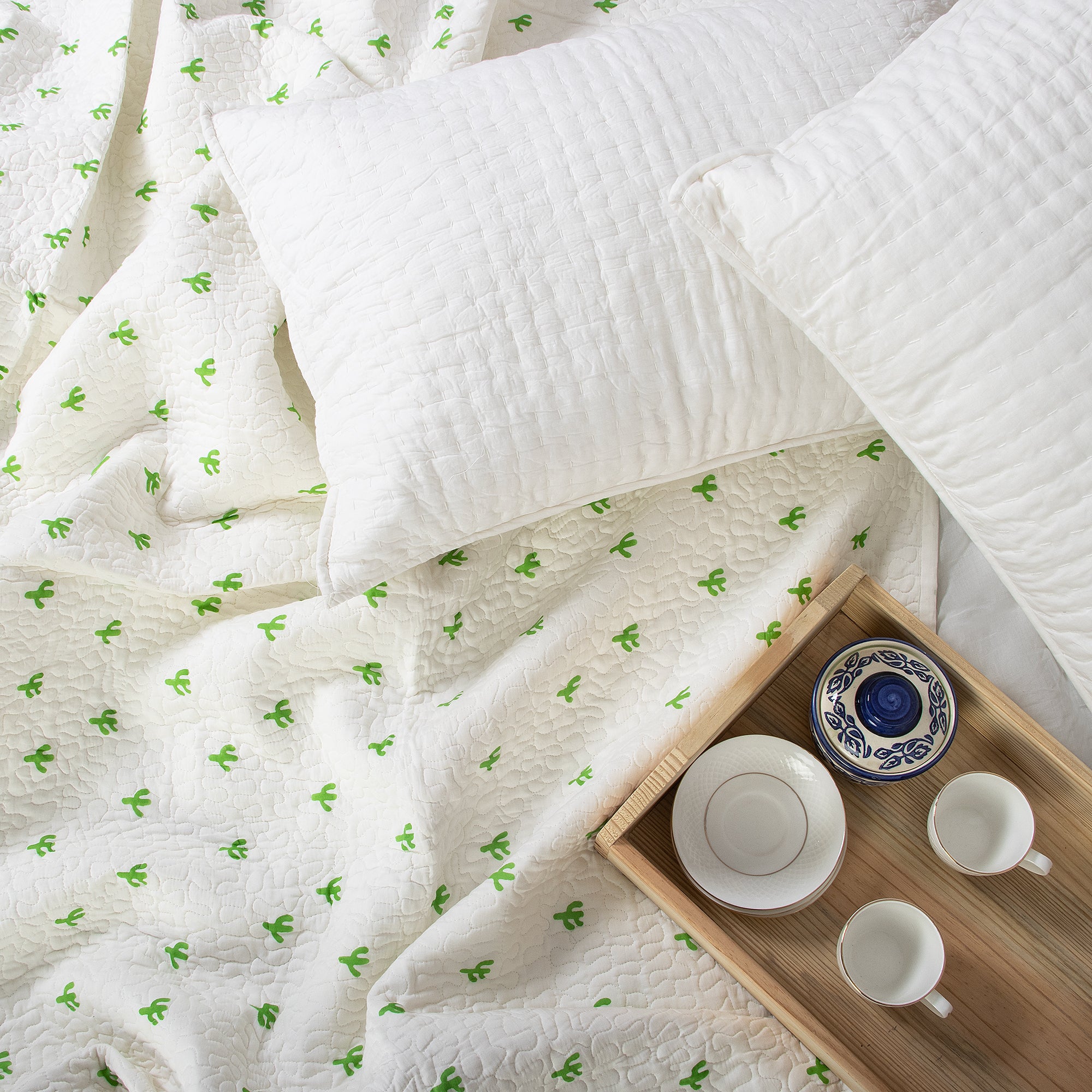 Hand Block Green Printed Cactus Machine Cotton Quilt