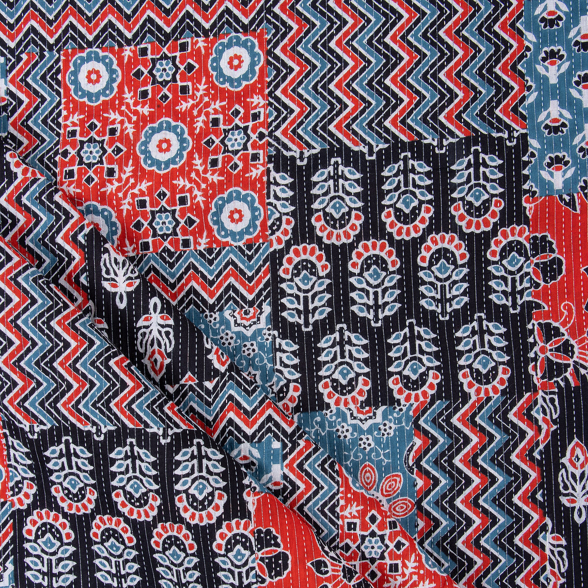 Hand Block Patchwork Print Indian Kantha Fabric