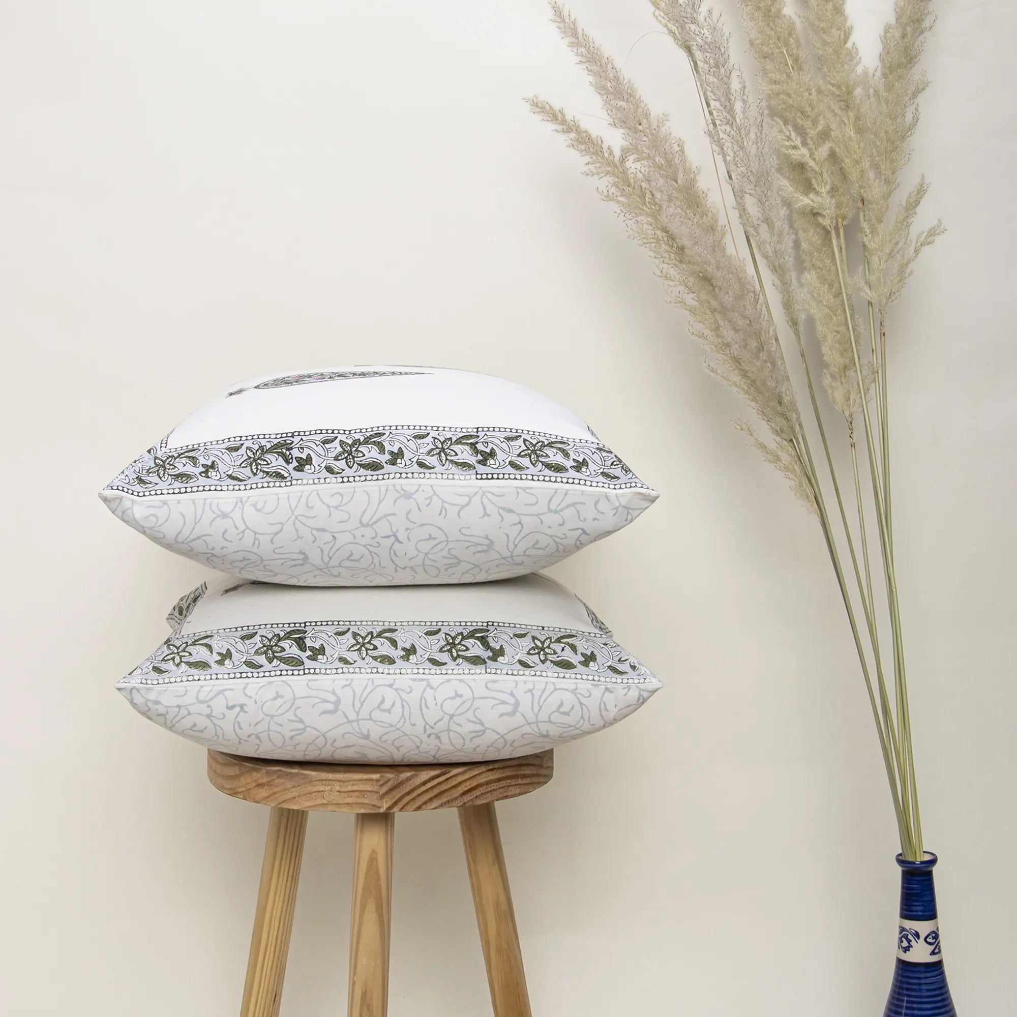 Hand Block Printed Cotton Green Leaf Cushion Cover