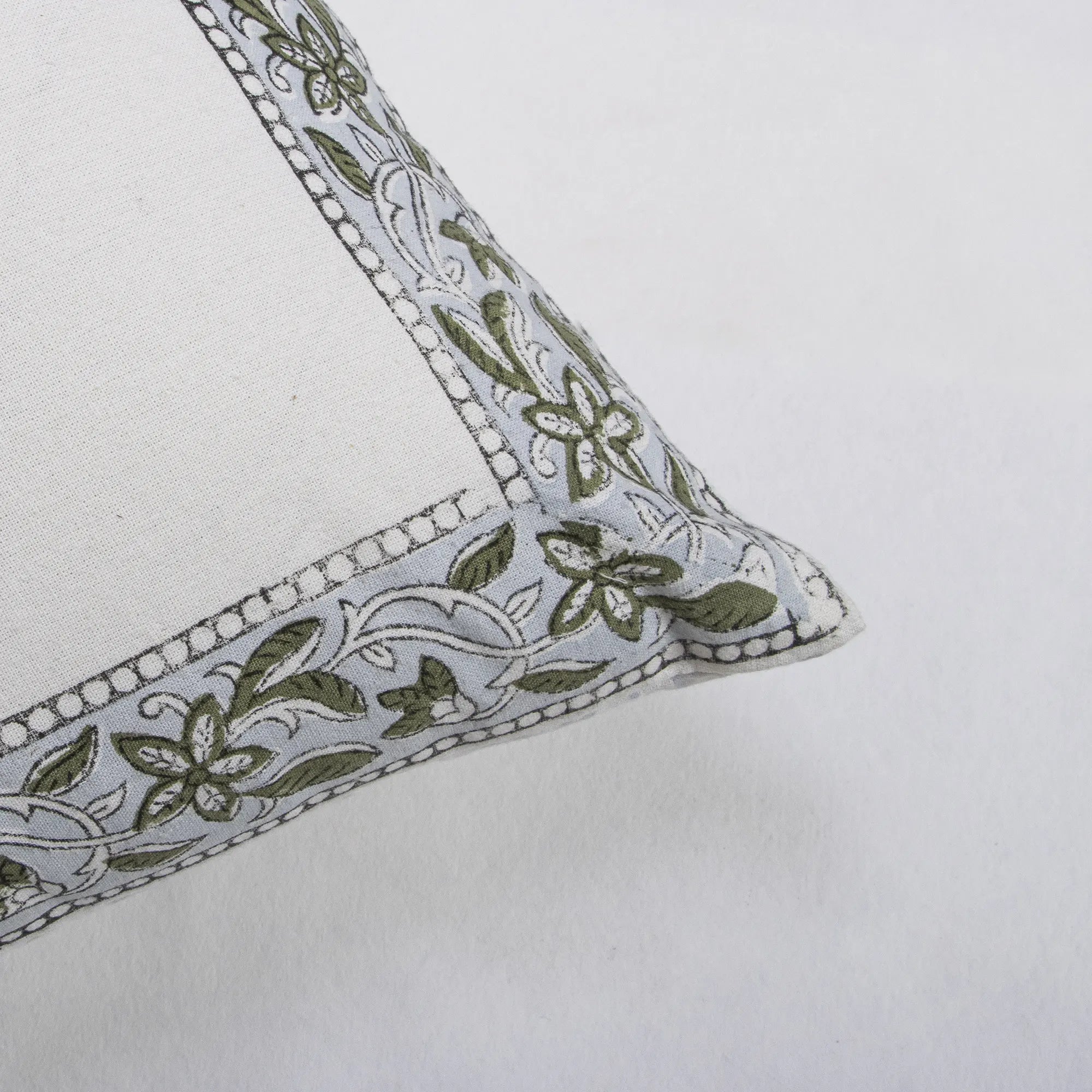 Hand Block Printed Cotton Green Leaf Cushion Cover
