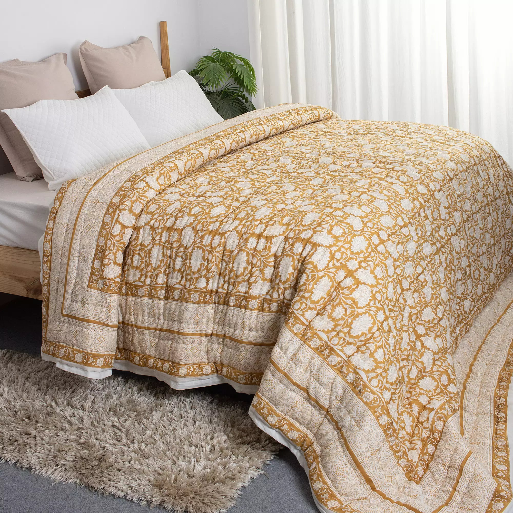 Hand Block Printed Floral Reversible Jaipuri Razai for Winter