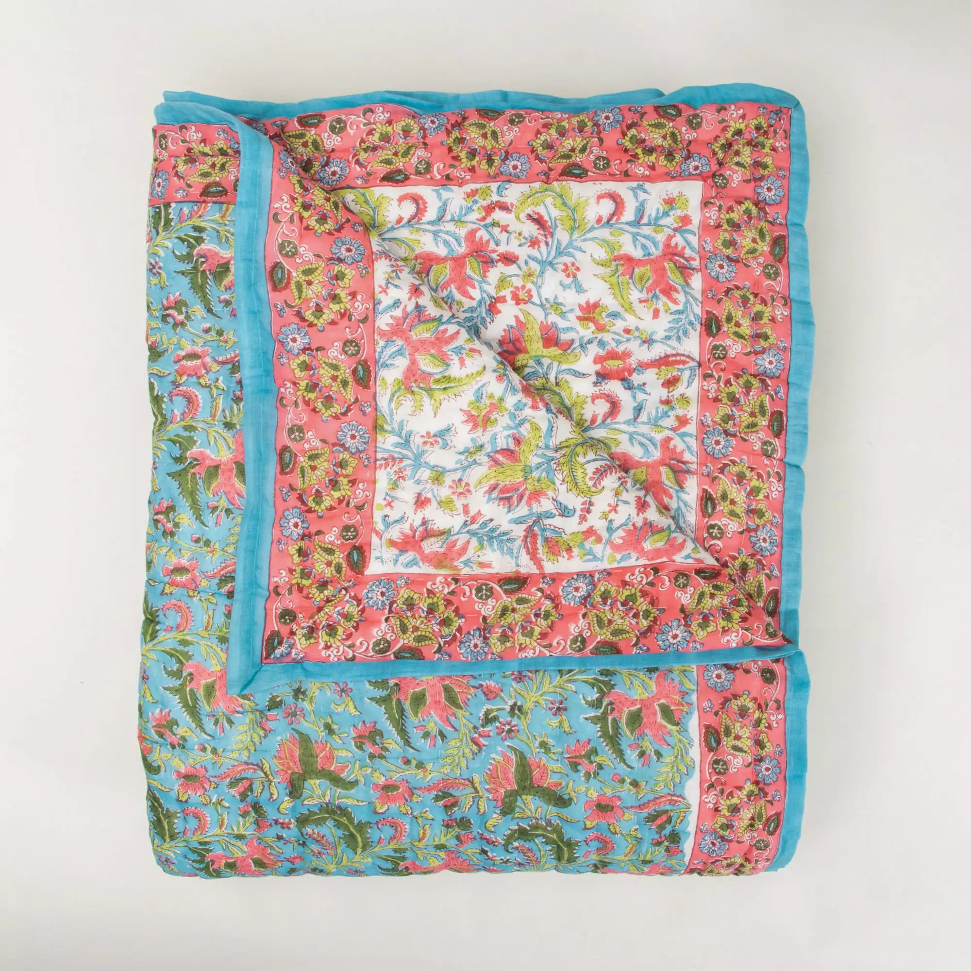 Hand Block Printed Green Floral Jaipuri Reversible Quiltdddddddddddddddddddd