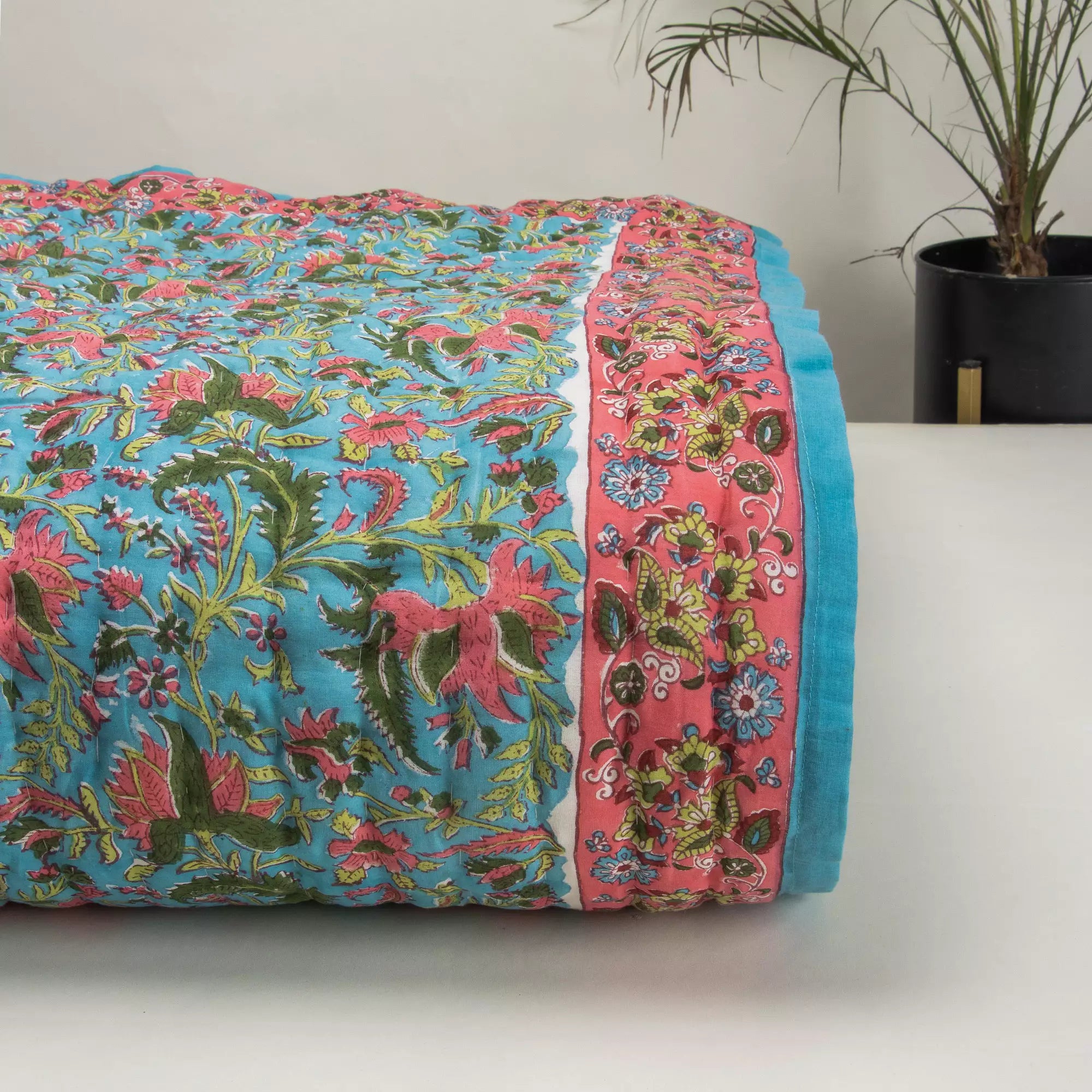 Hand Block Printed Green Floral Jaipuri Reversible Quilt