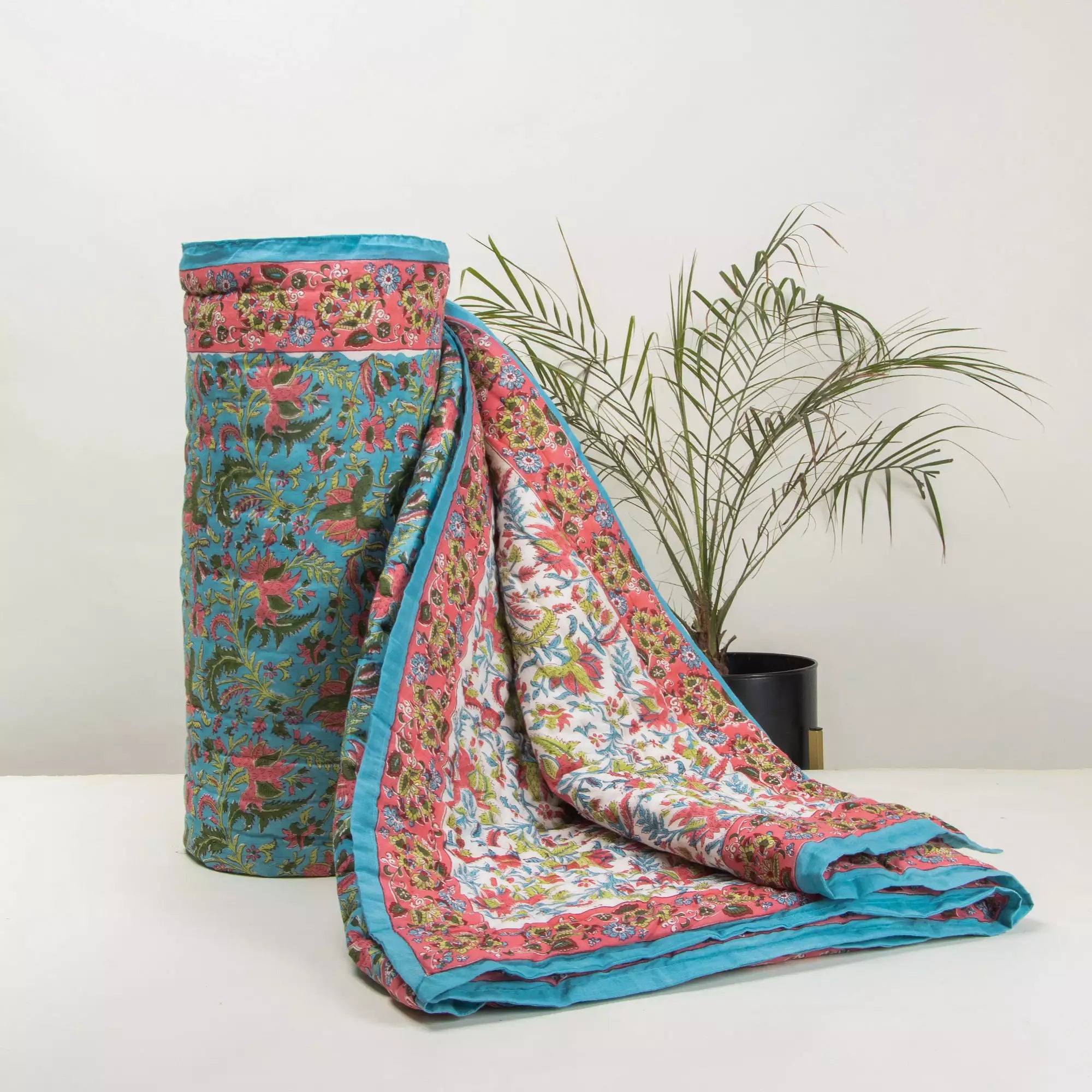 Hand Block Printed Green Floral Jaipuri Reversible Quilt