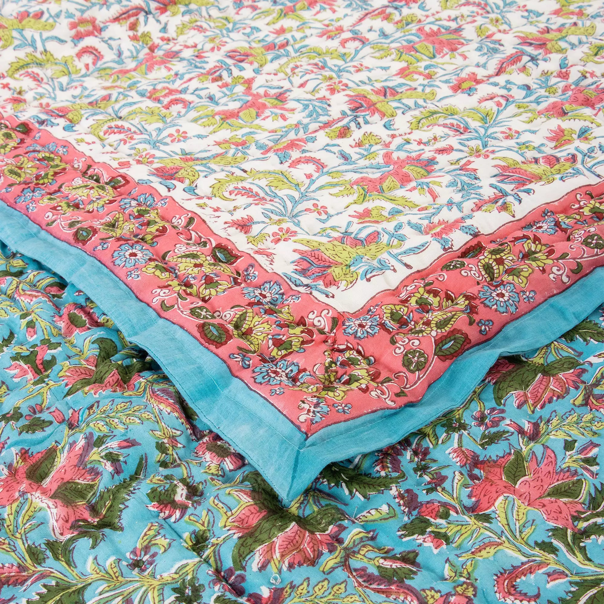 Hand Block Printed Green Floral Jaipuri Reversible Quilt
