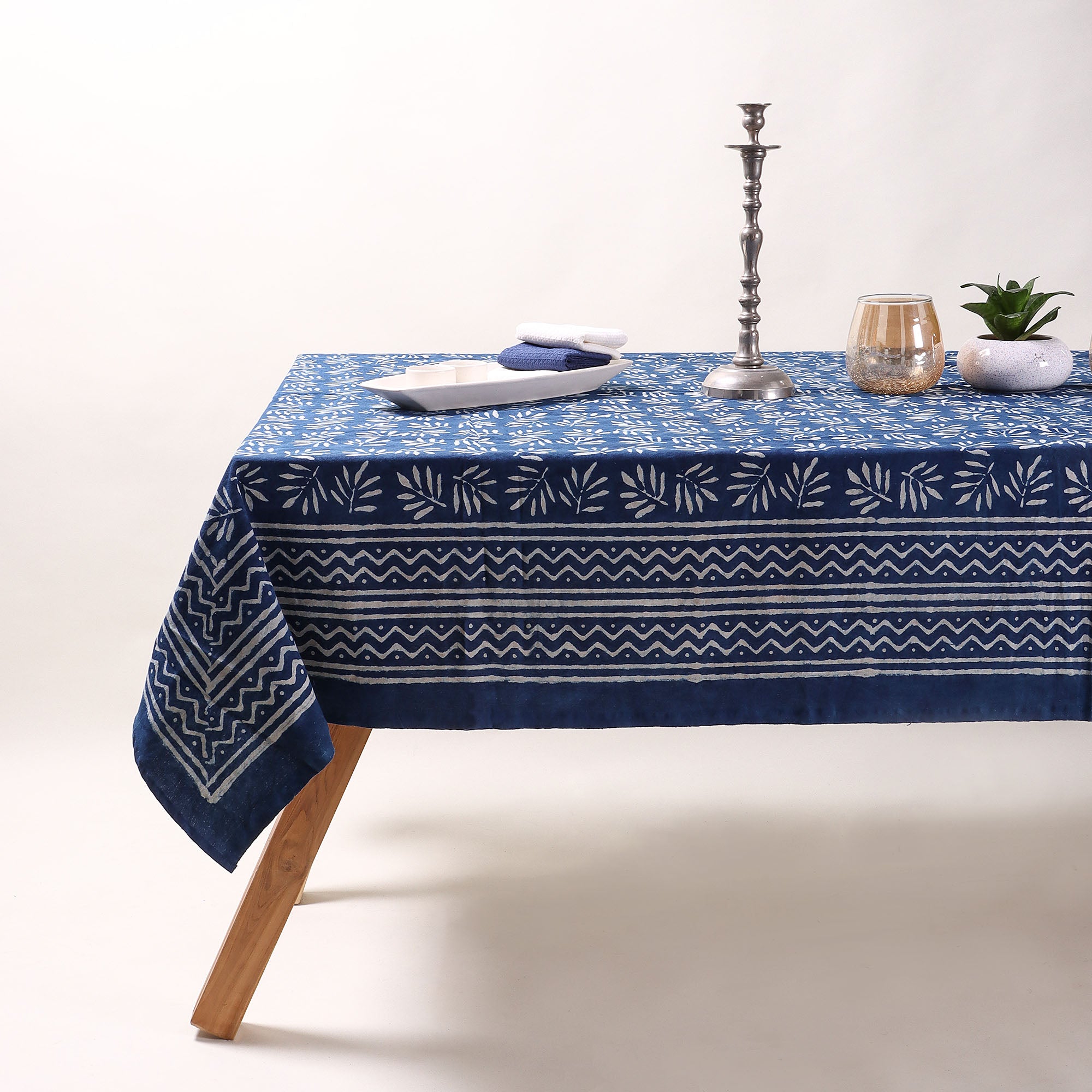 Hand Block Printed Indigo Leaf Cotton Tablecloth