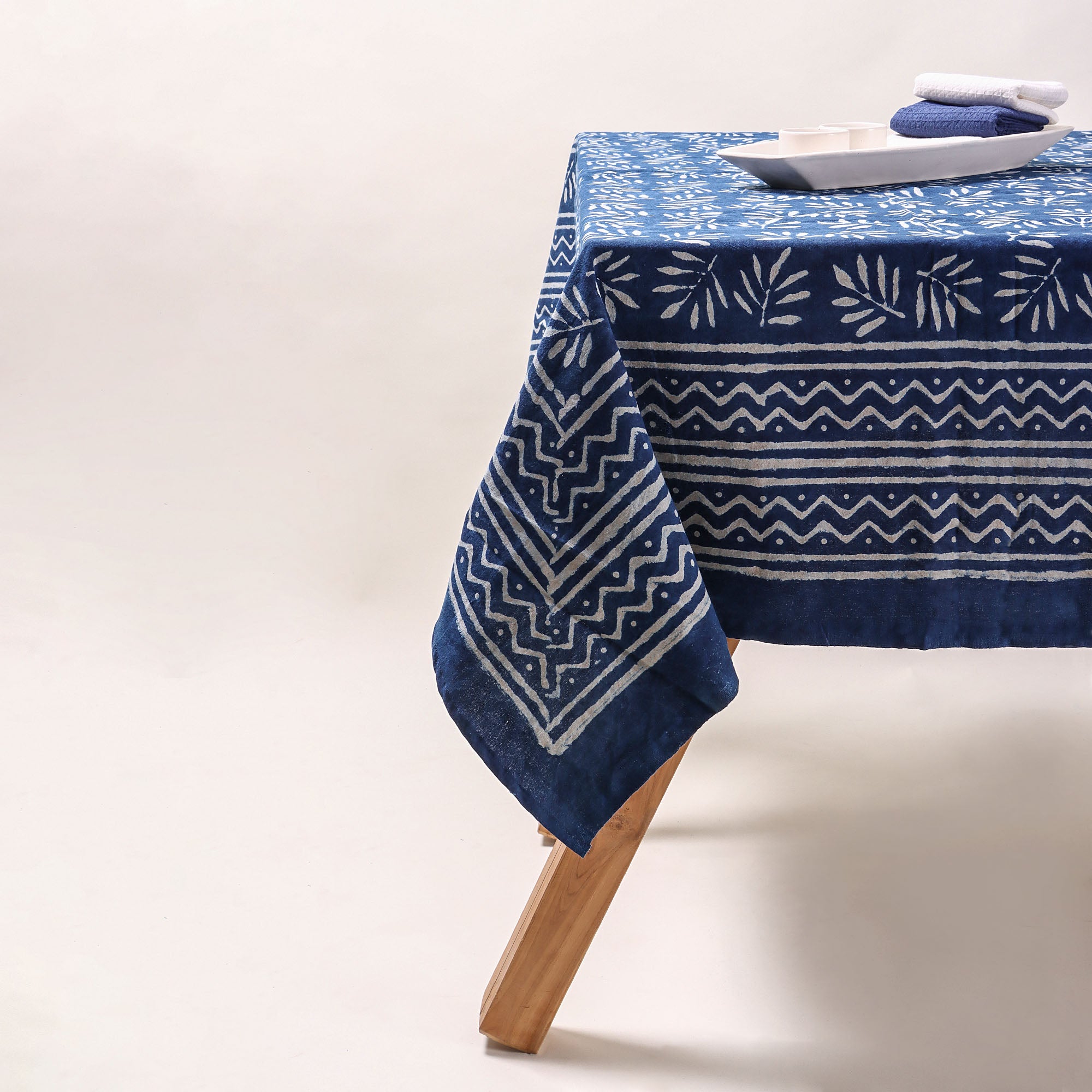 Hand Block Printed Indigo Leaf Cotton Tablecloth