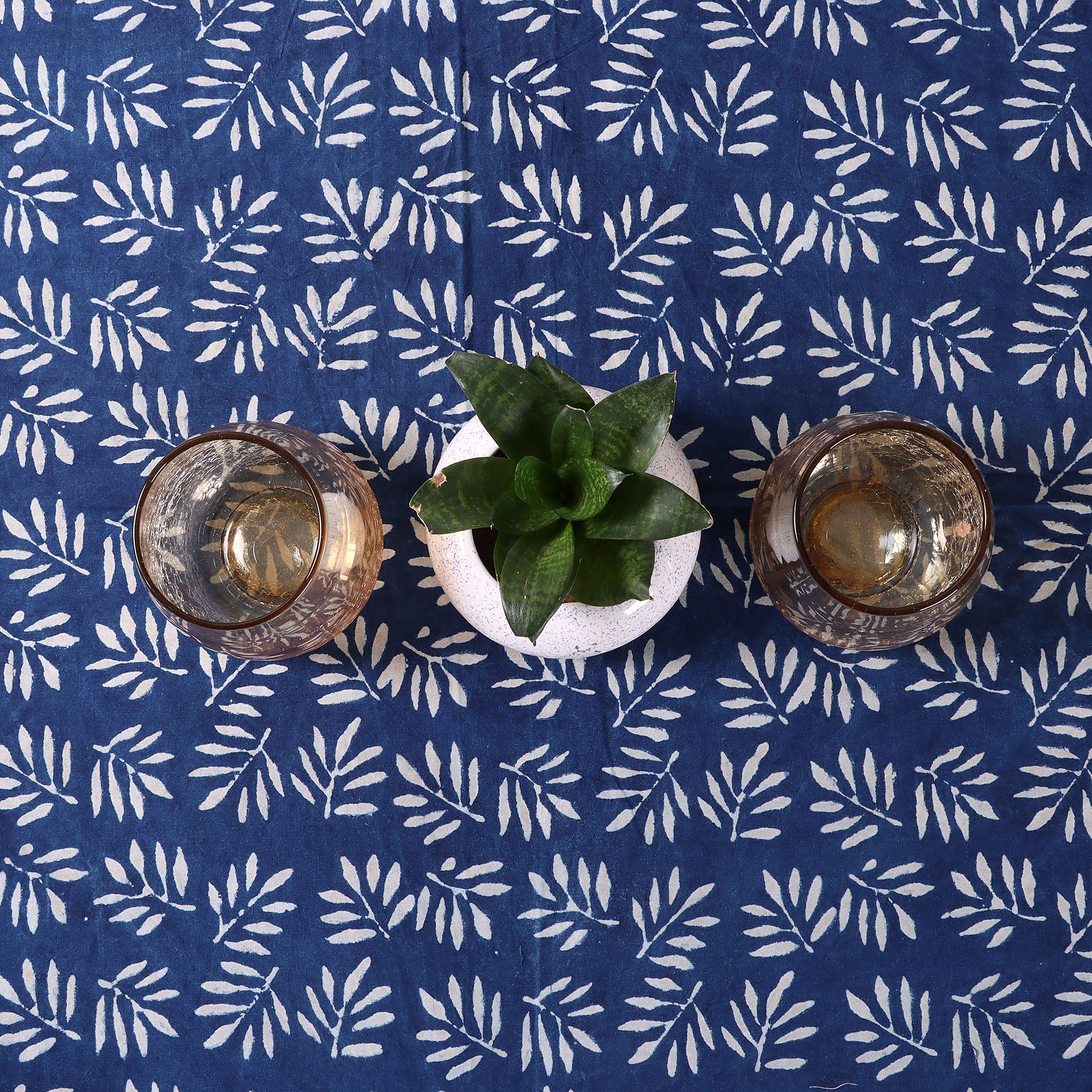 Hand Block Printed Indigo Leaf Cotton Tablecloth