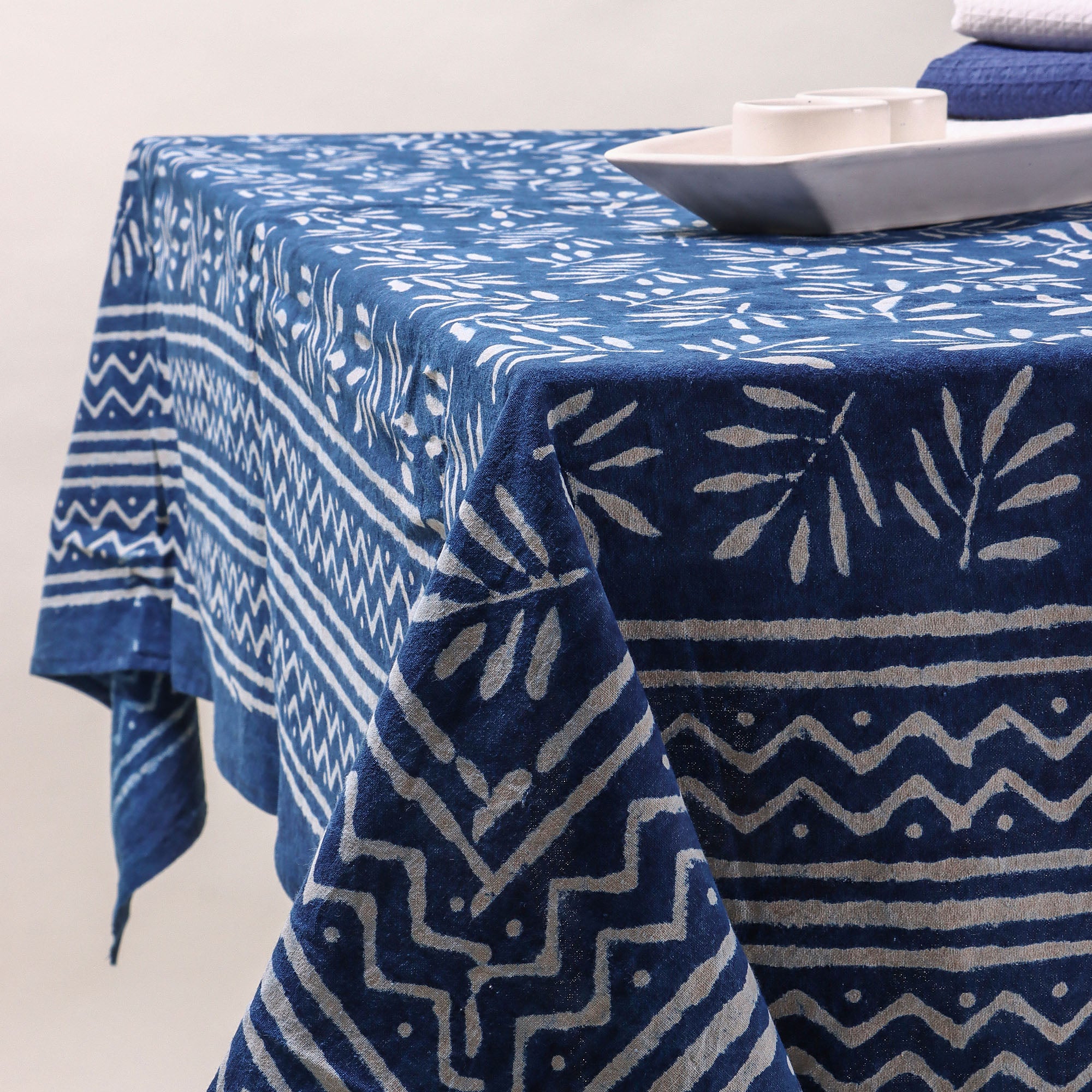 Hand Block Printed Indigo Leaf Cotton Tablecloth