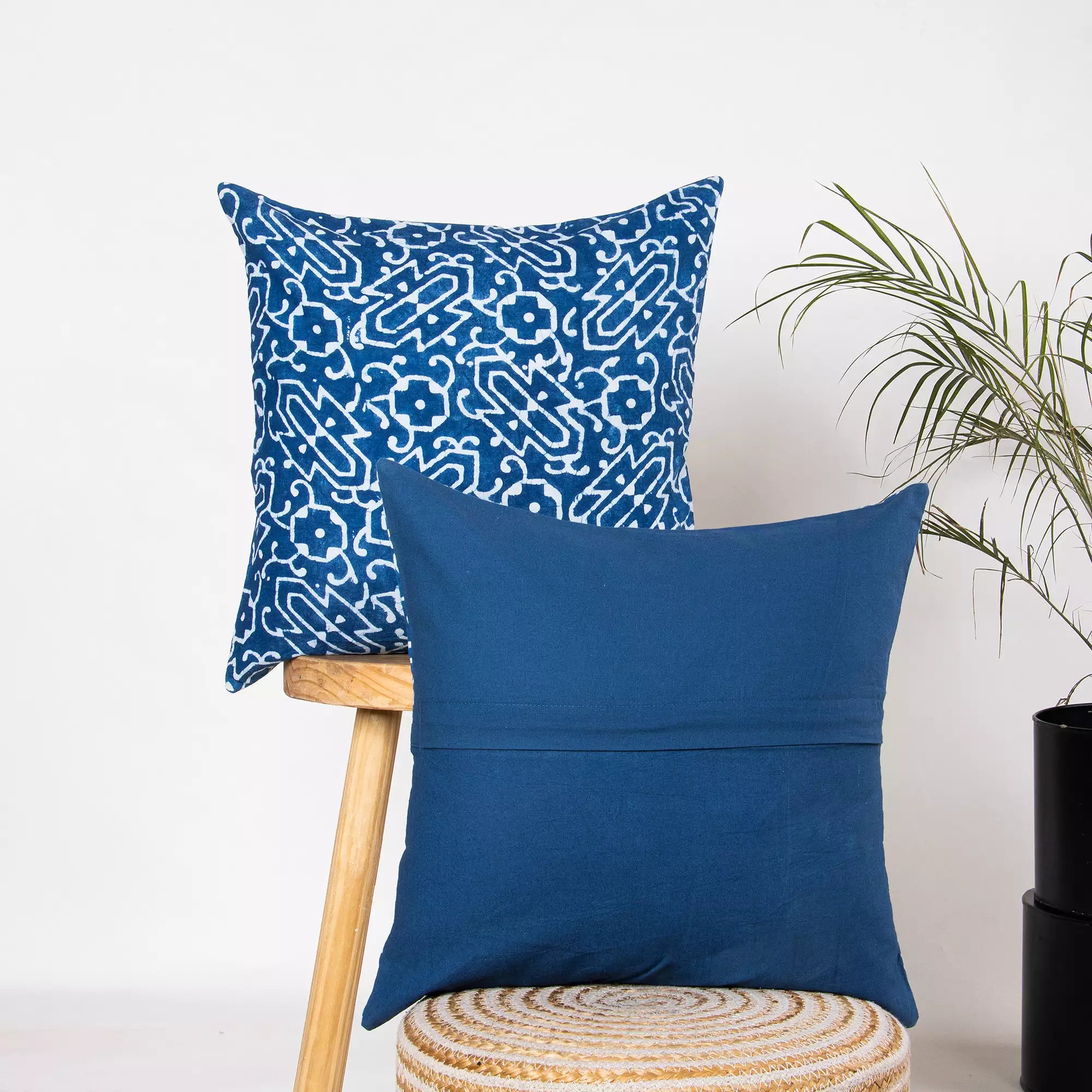 Hand Block Printed Pure Cotton Indigo Blue Cushion Cover