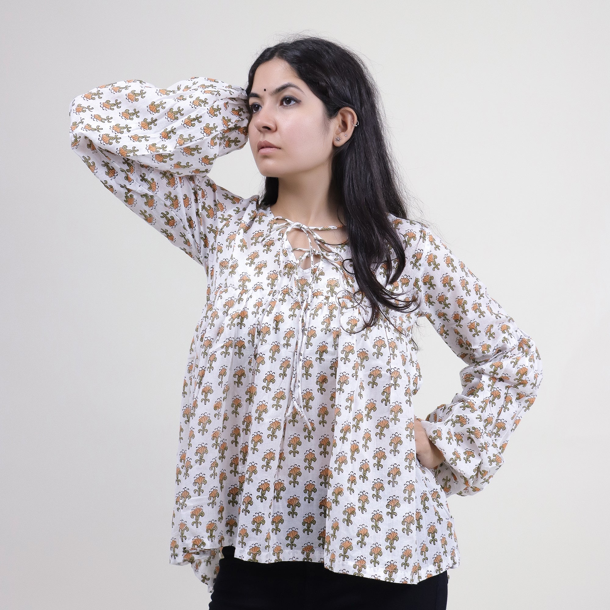 Hand Block Printed V Neck Short Tops