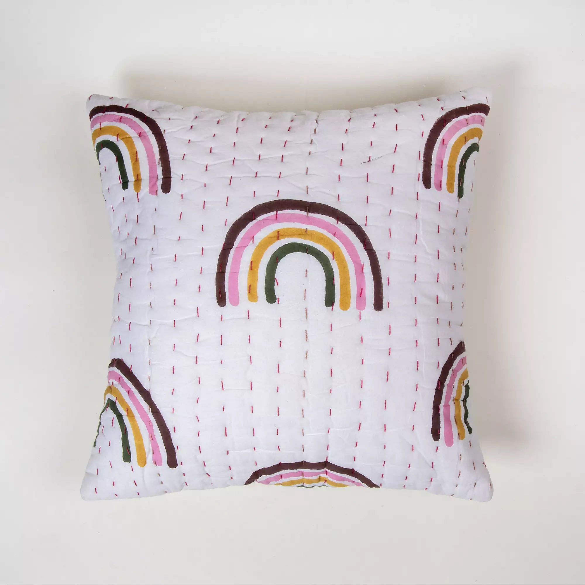 Hand Block Rainbow Quilted Kantha Cushion Covers