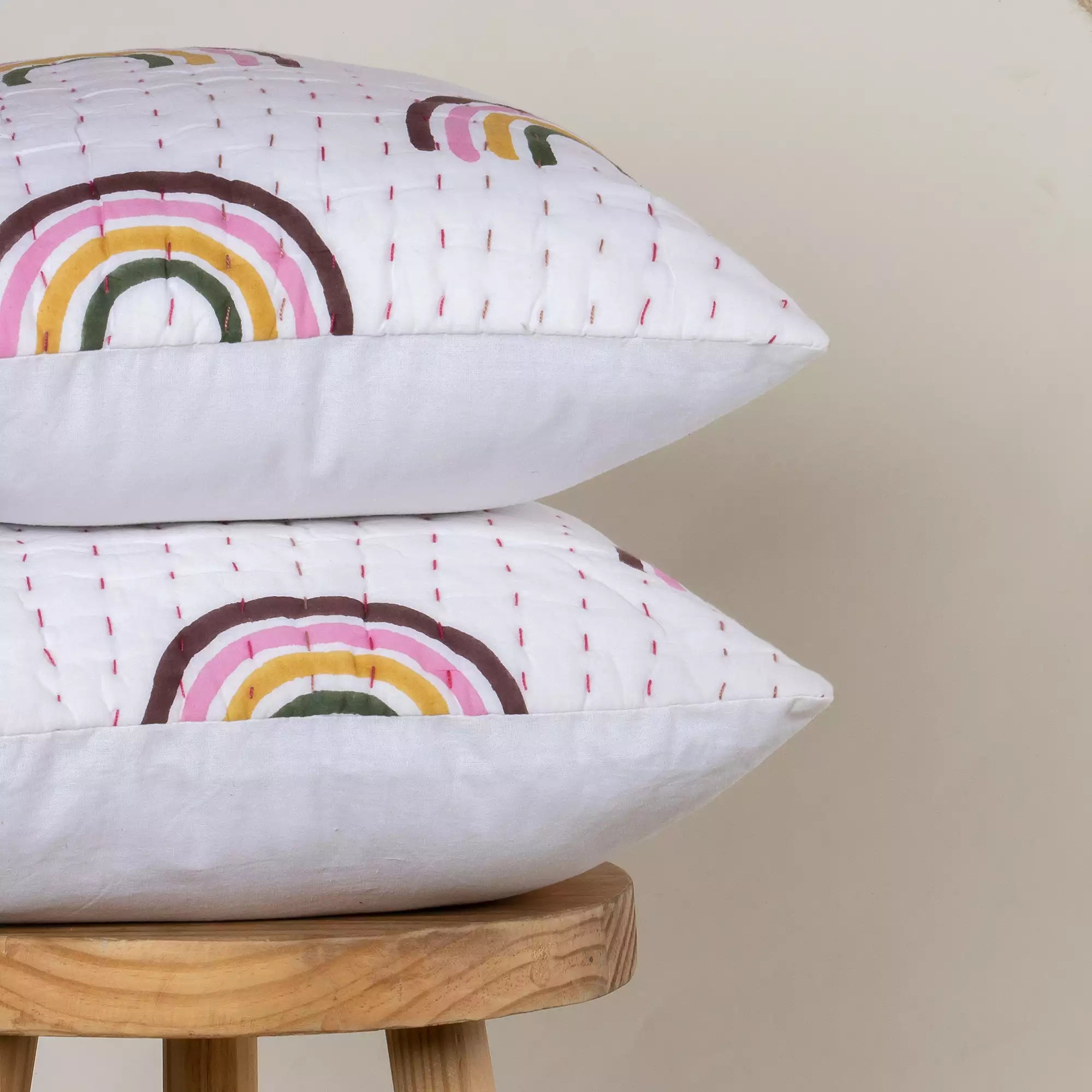 Hand Block Rainbow Quilted Kantha Cushion Covers