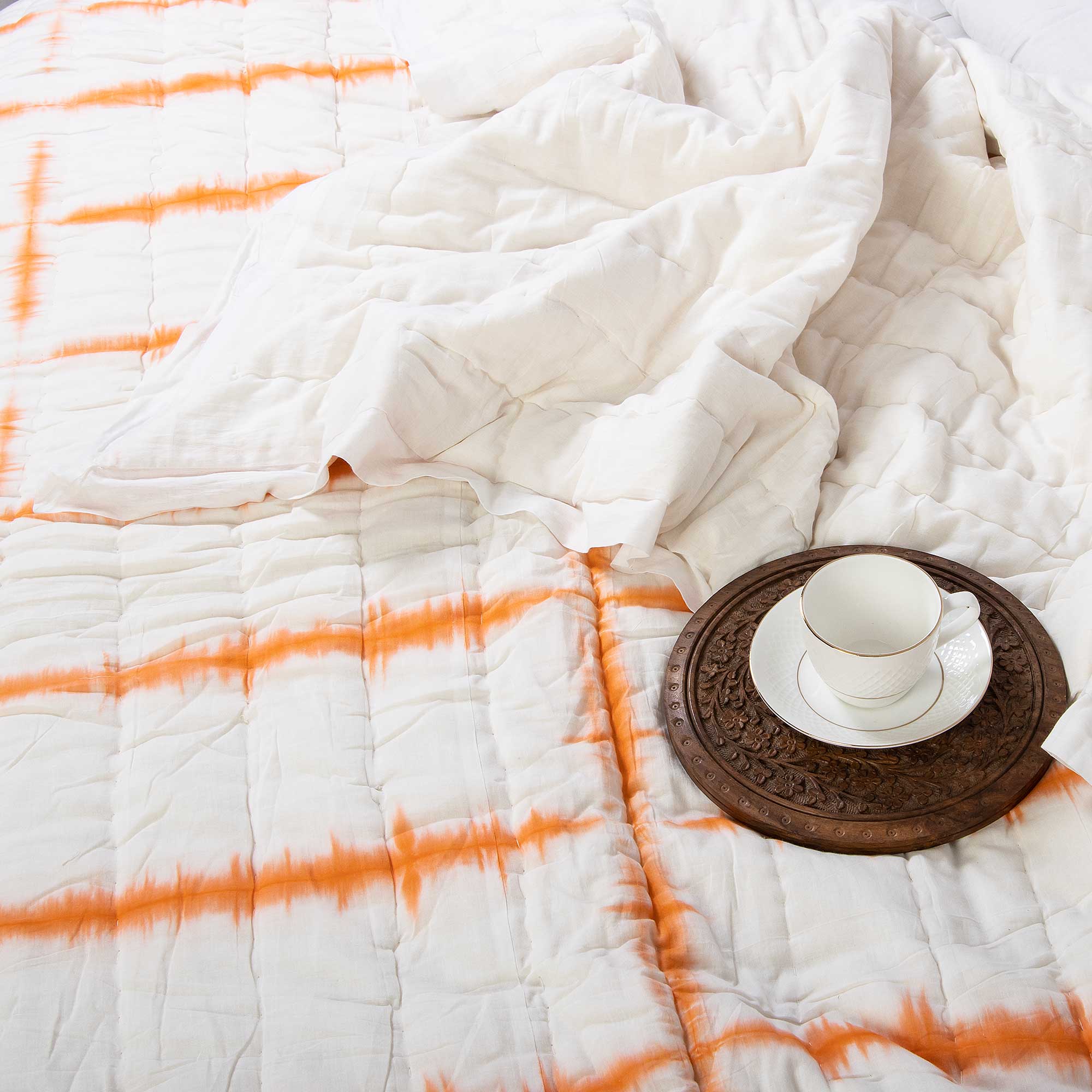 Hand Dyed Tie Dye Orange Striped Jaipuri Cotton Rajai