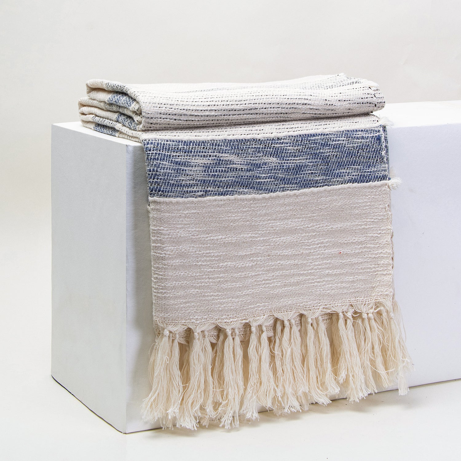 Handmade Cozy Blue Stripe Cotton Knitted Throw Blanket