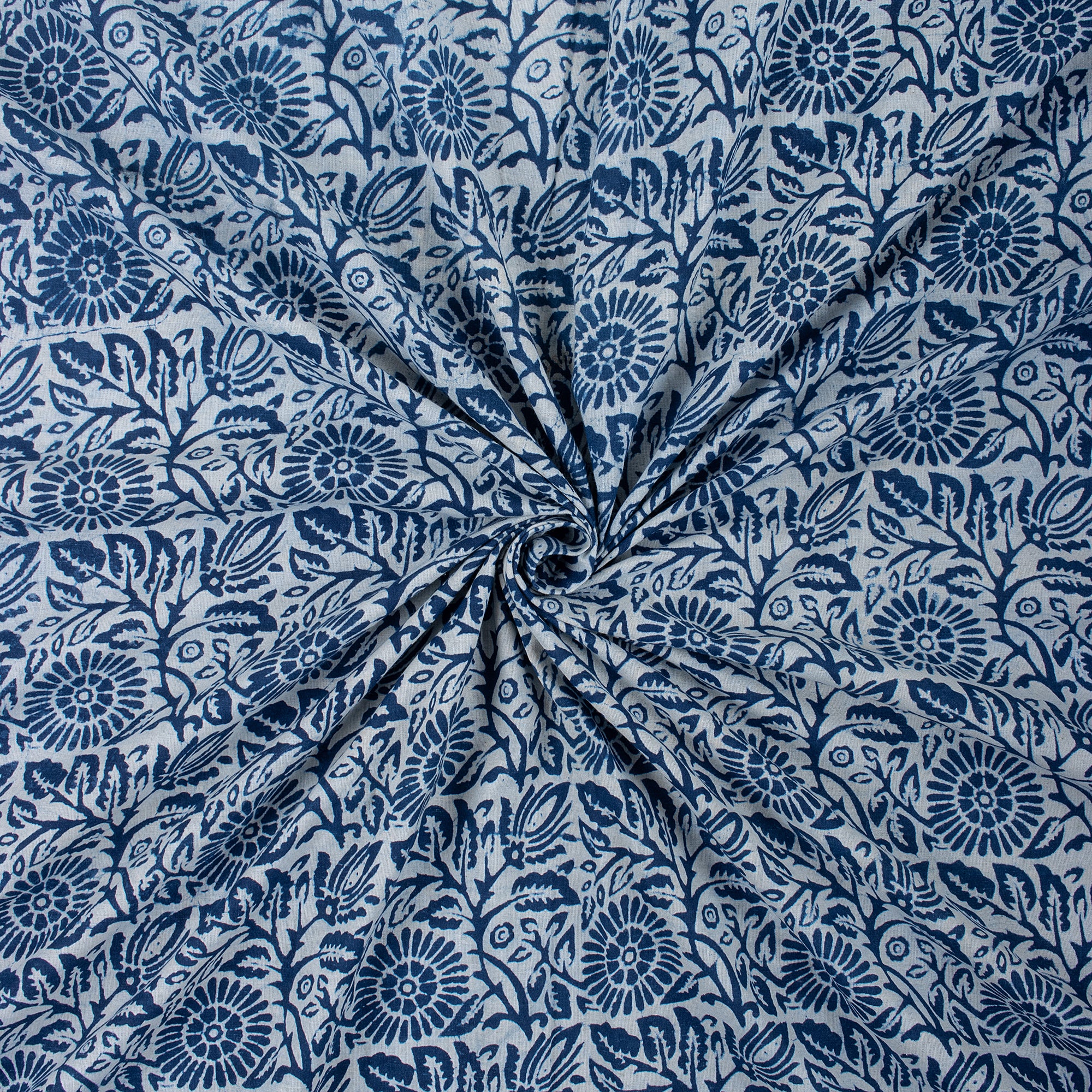 Handmade Indigo Floral Print Cotton Material Fabric