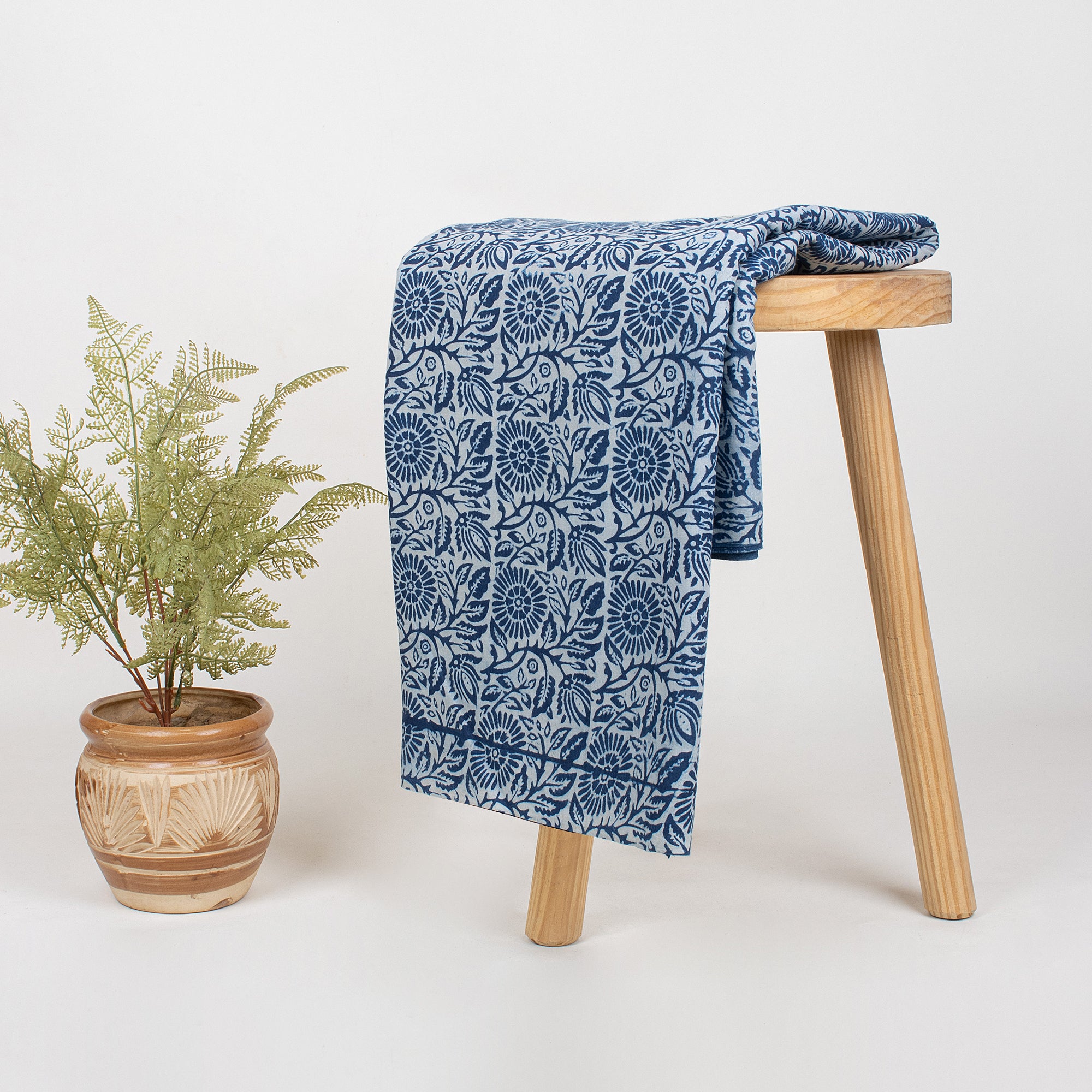 Handmade Indigo Floral Print Cotton Material Fabric