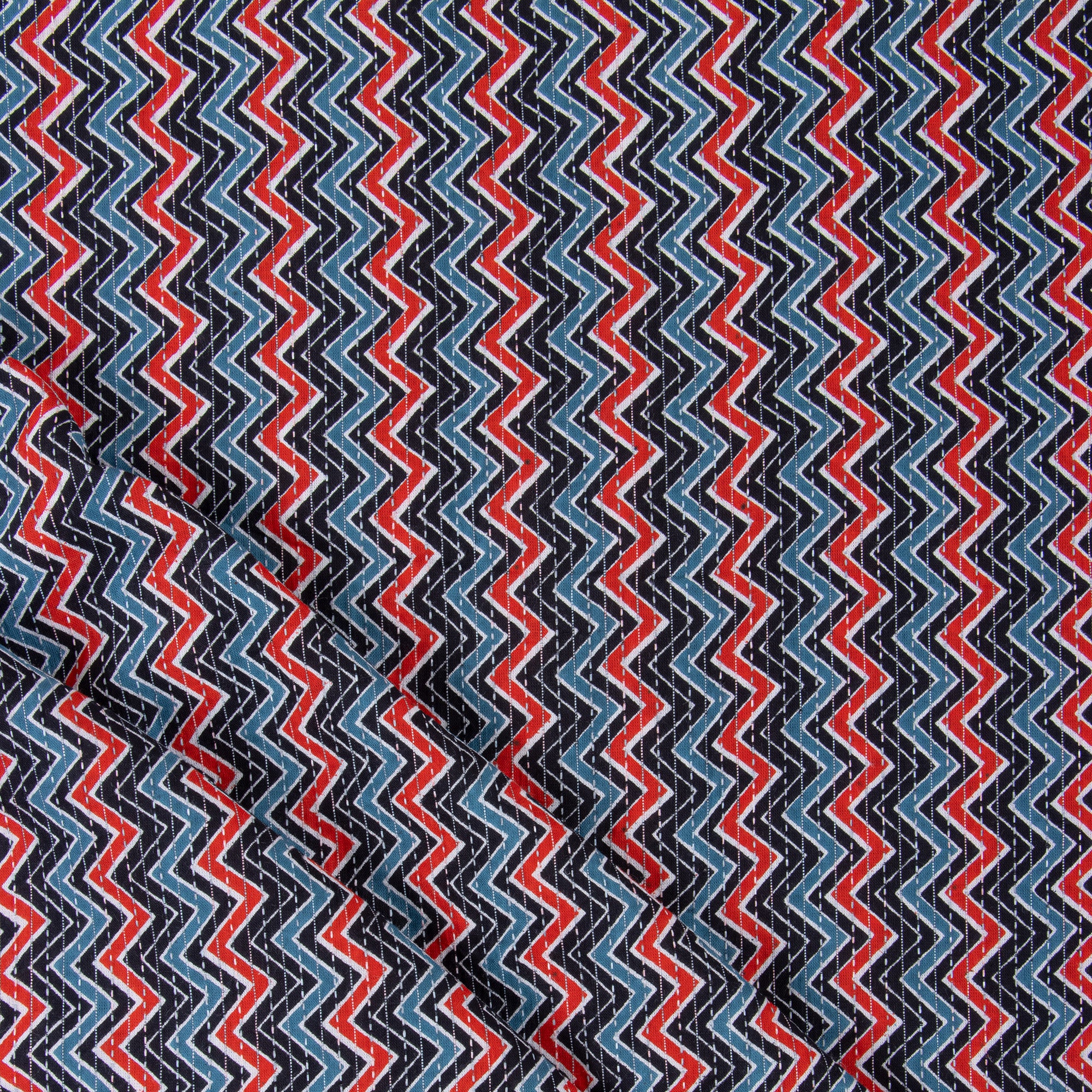 Handmade Natural Zig Zag Print Kantha Cotton And Fabric