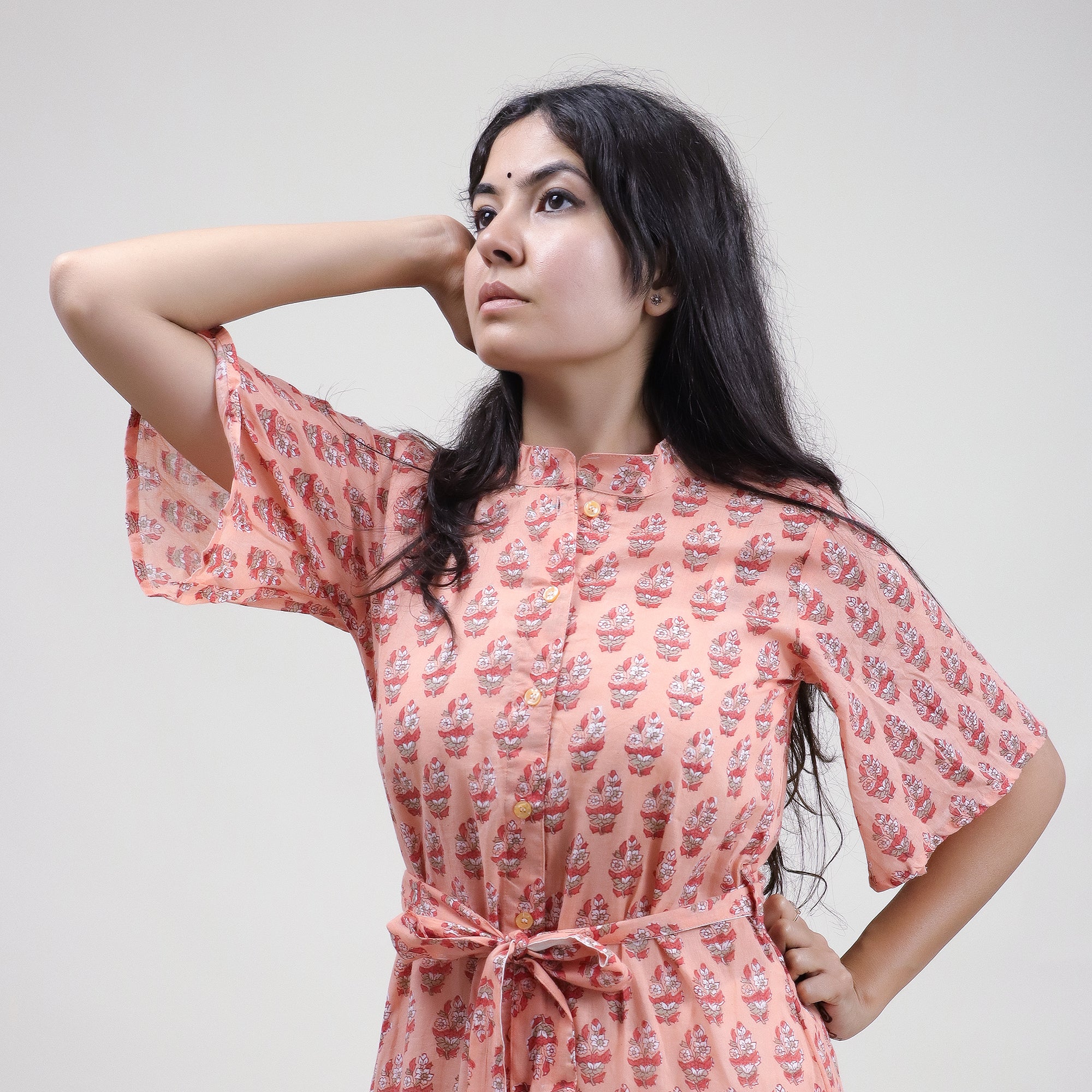 Green Floral Hand Printed Cotton Womens Casul Midi Dress