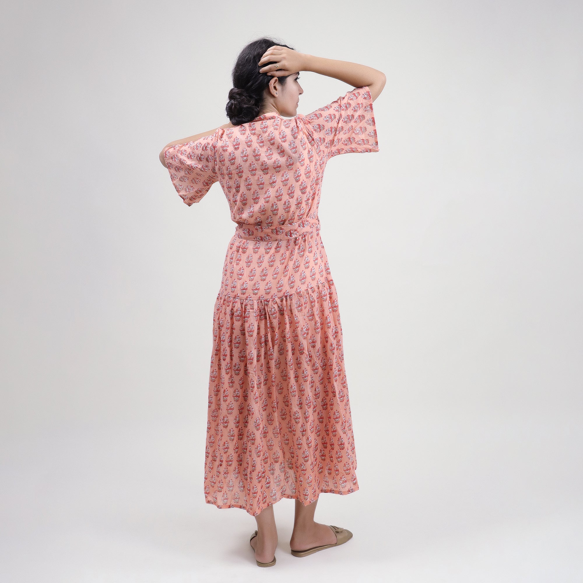 Green Floral Hand Printed Cotton Womens Casul Midi Dress