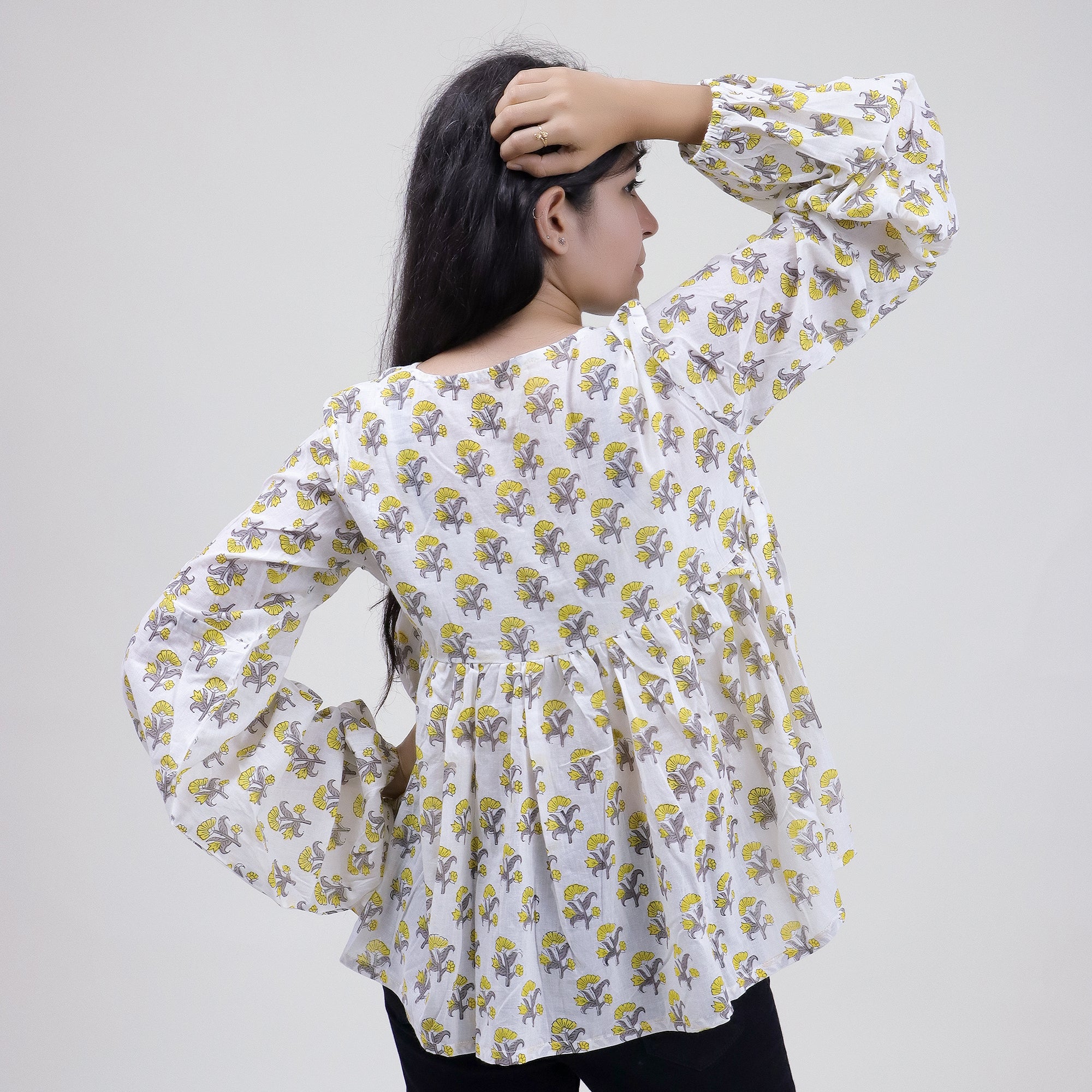 Yellow Floral Printed V Neck Short Top For Girls