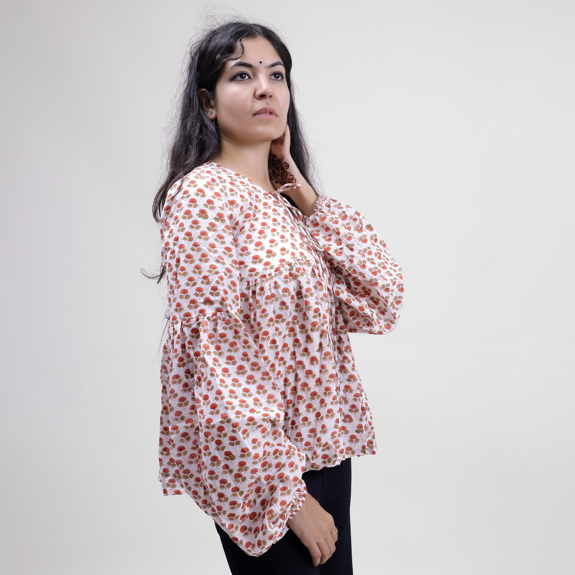 Red Floral Indian V Neck Soft Women&