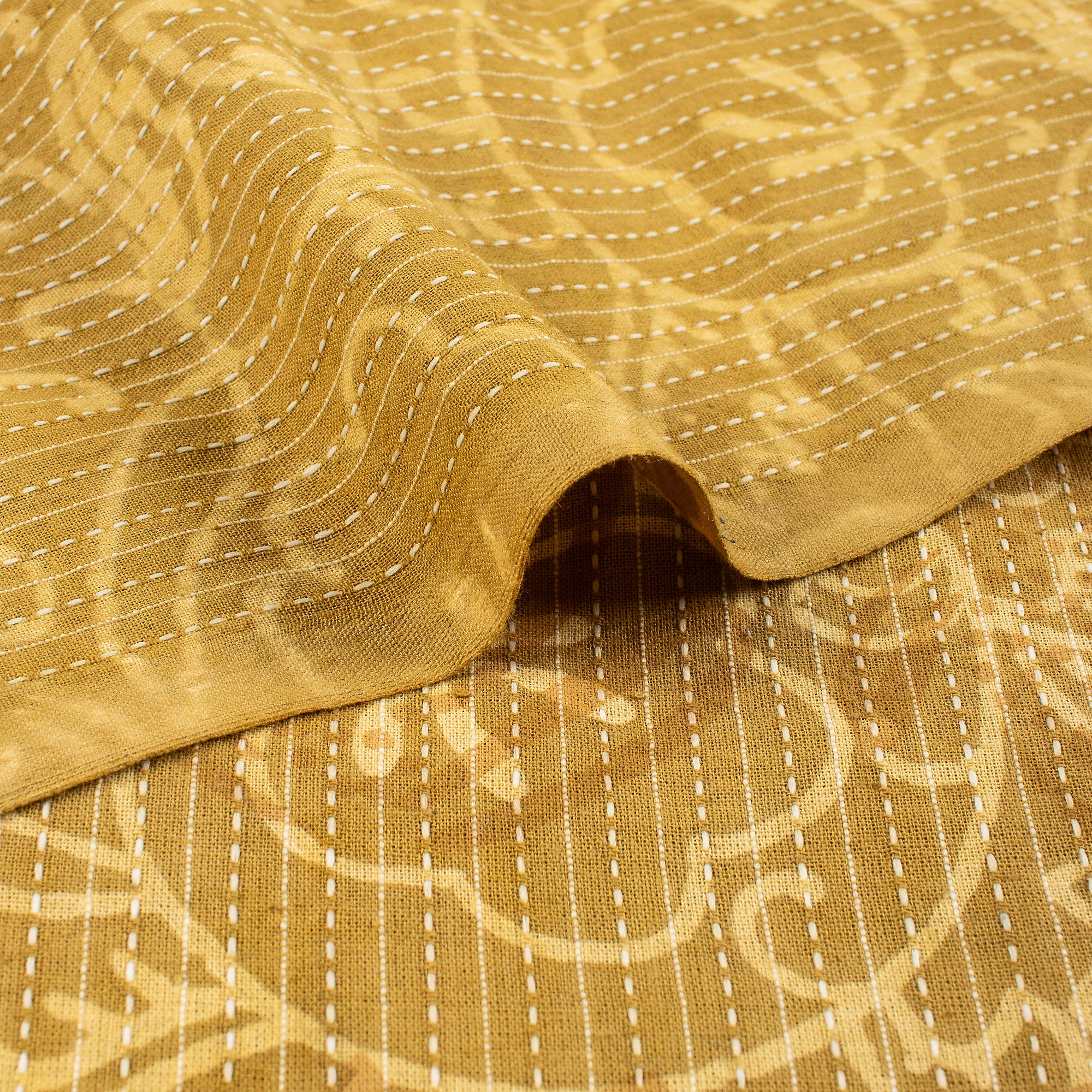 Indian Block Printed Handmade Dabu Kantha Fabric By The Yard